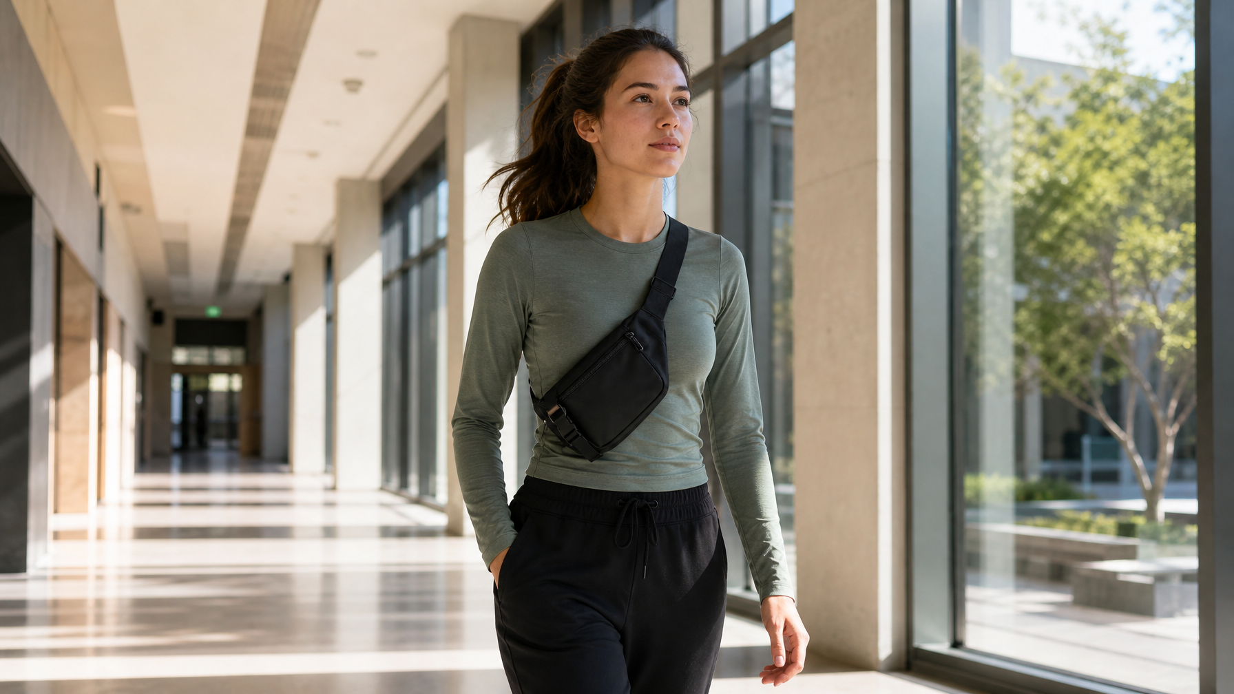 Woman walking through campus corridor wearing a compact matte black sling bag