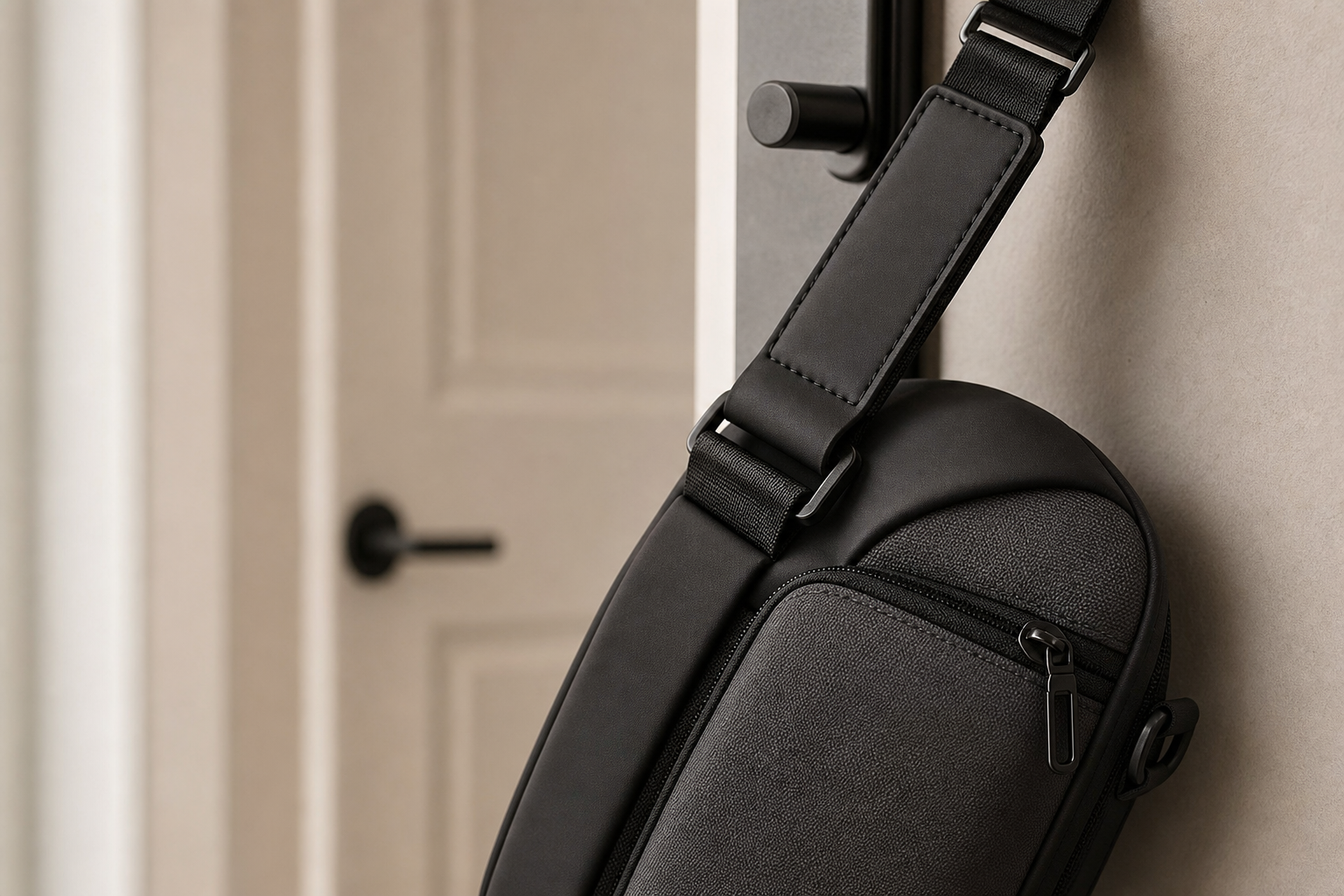 Close-up of a compact matte black minimalist crossbody bag hanging near a doorway