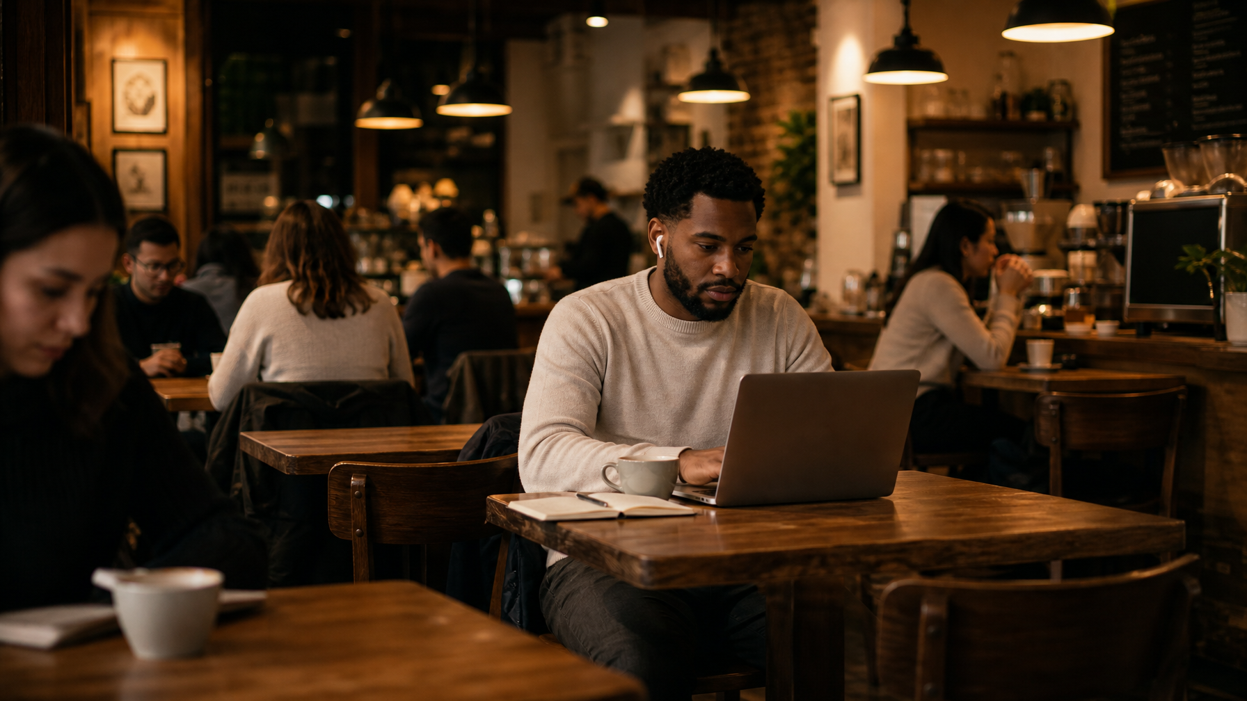 Wide interior shot of a warm café — a man focused on his laptop in the mid-ground, earbuds in, coffee and notebook on the table, the full café environment surrounding him
