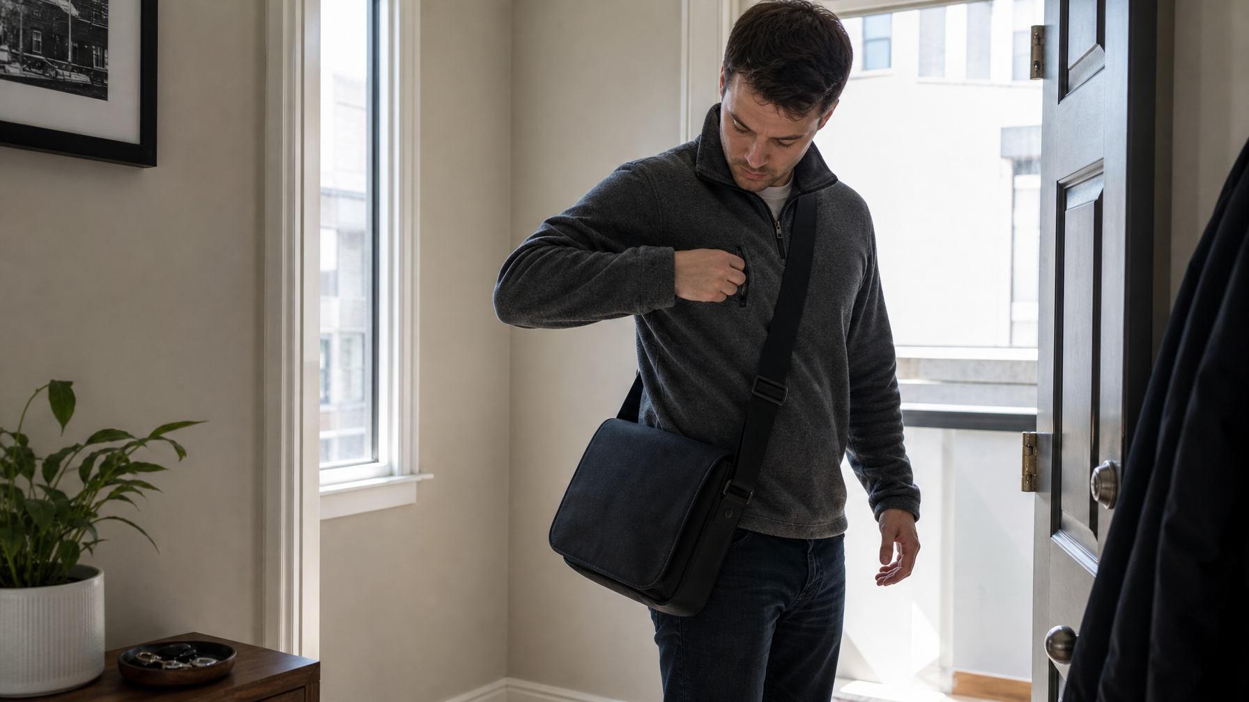 Man checking his pocket at the doorway before leaving with a black crossbody messenger bag