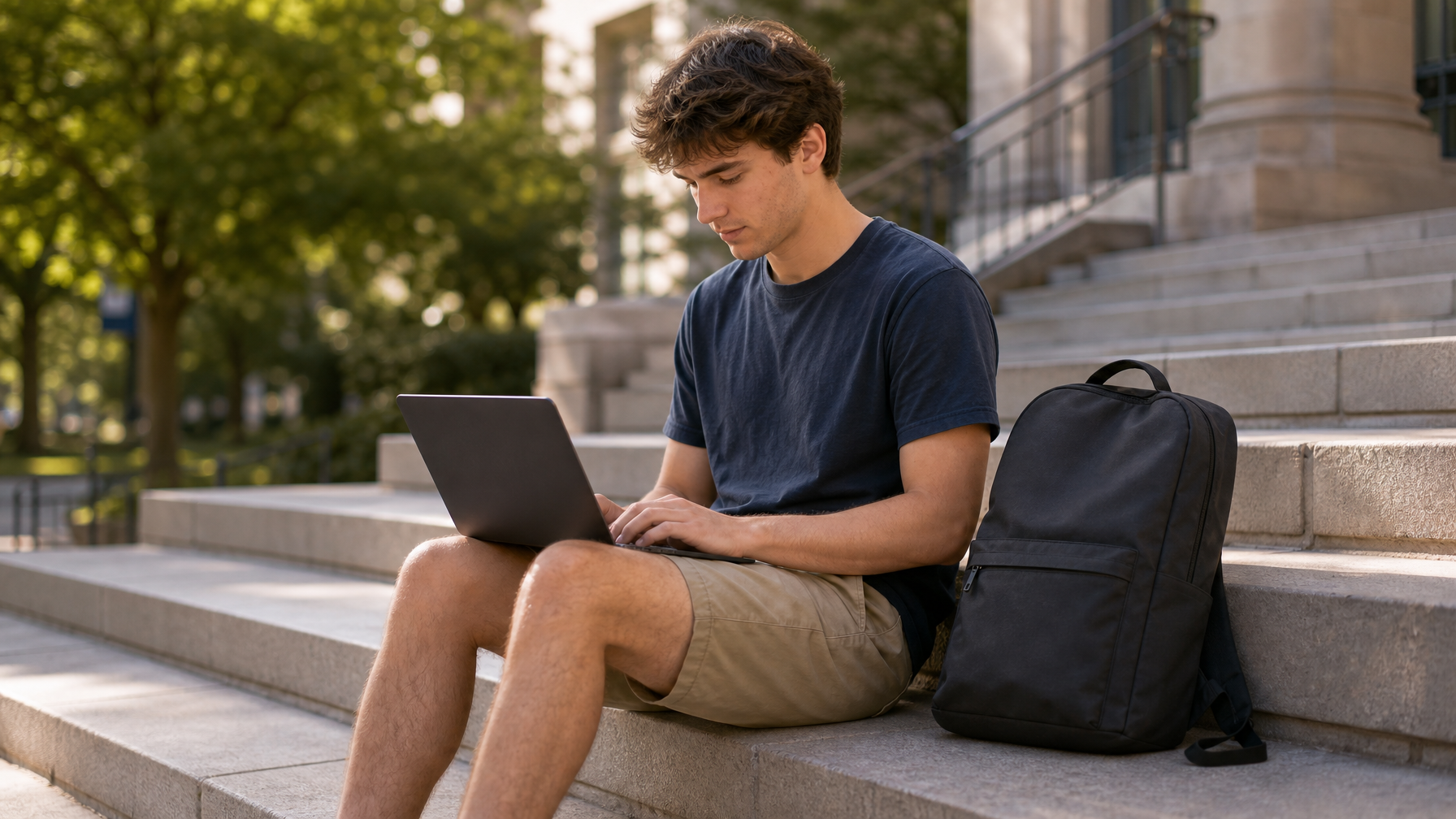 Man sitting on university steps with laptop open and minimalist black backpack beside him
