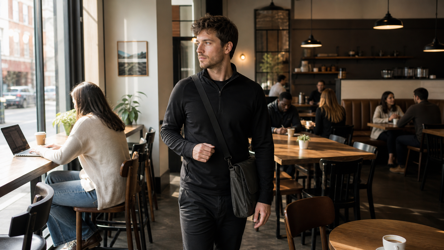 Man arriving at a café, mid-decision on where to sit, dark crossbody bag at his side, morning light