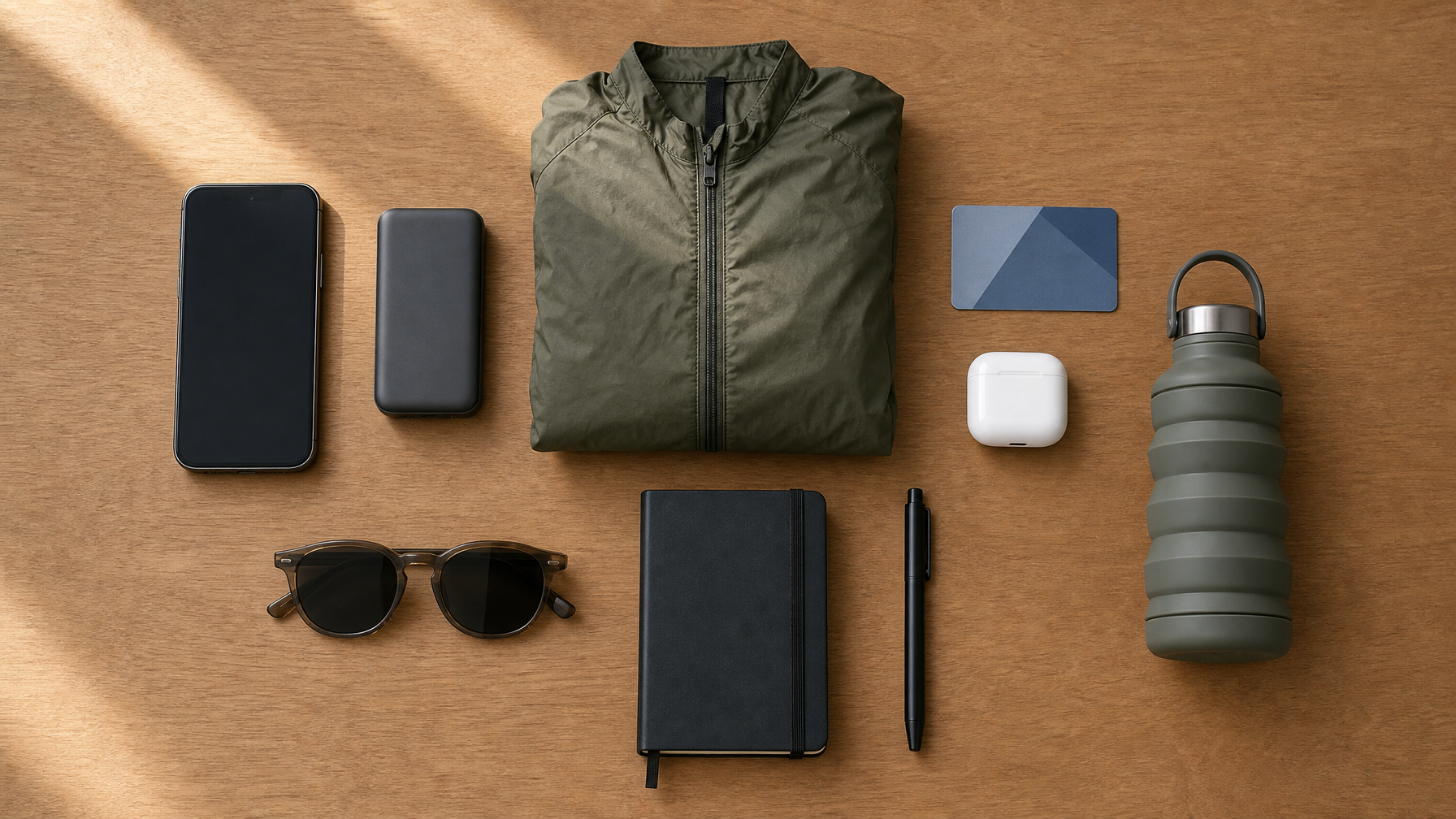 Overhead flat lay of city exploration day bag essentials on a wooden surface — phone, portable charger, packable jacket, transit card, earbuds, sunglasses, small notebook, collapsible water bottle