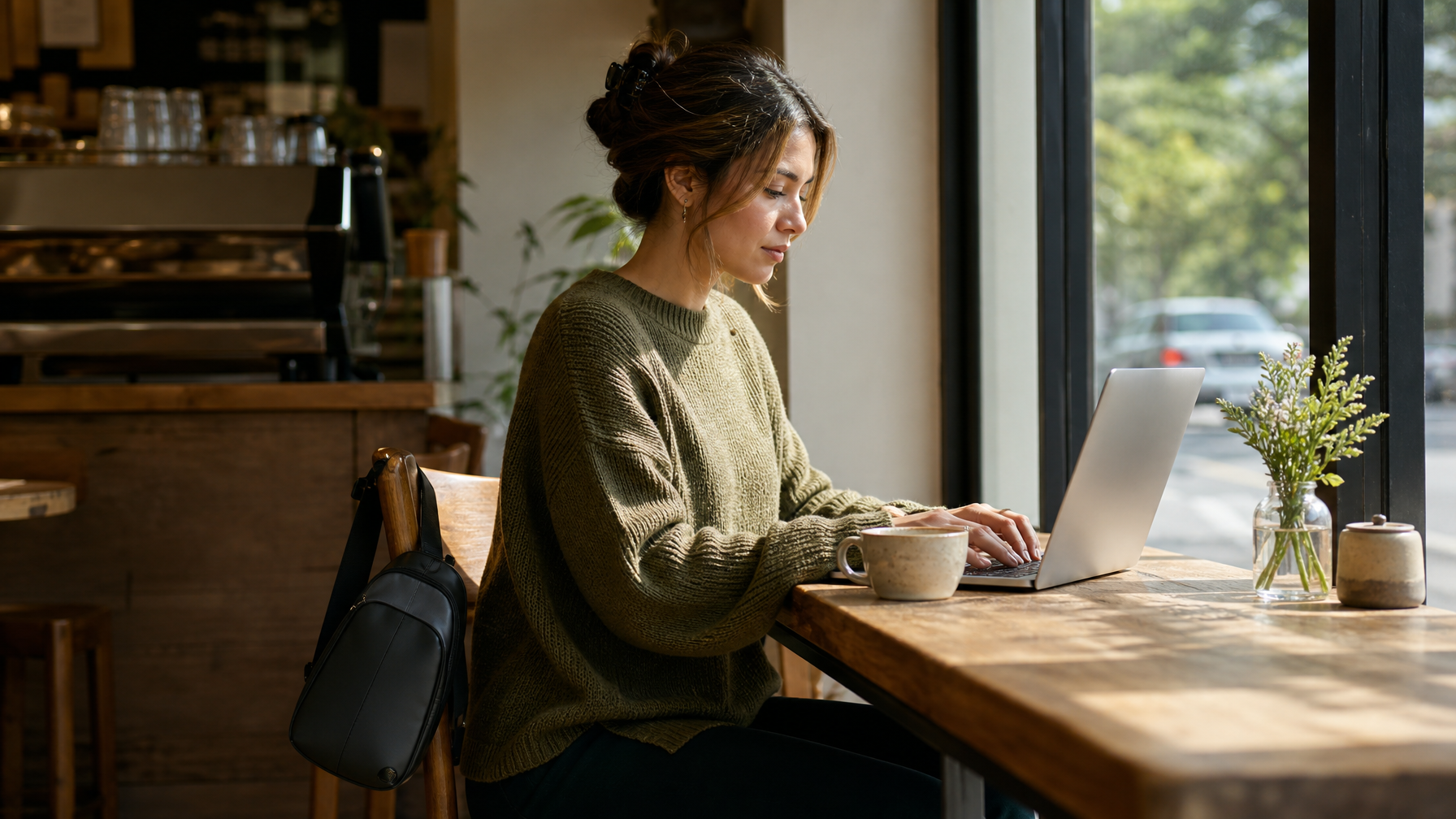 Woman working at a sunlit coffee shop table with a small black sling bag on the back of her chair