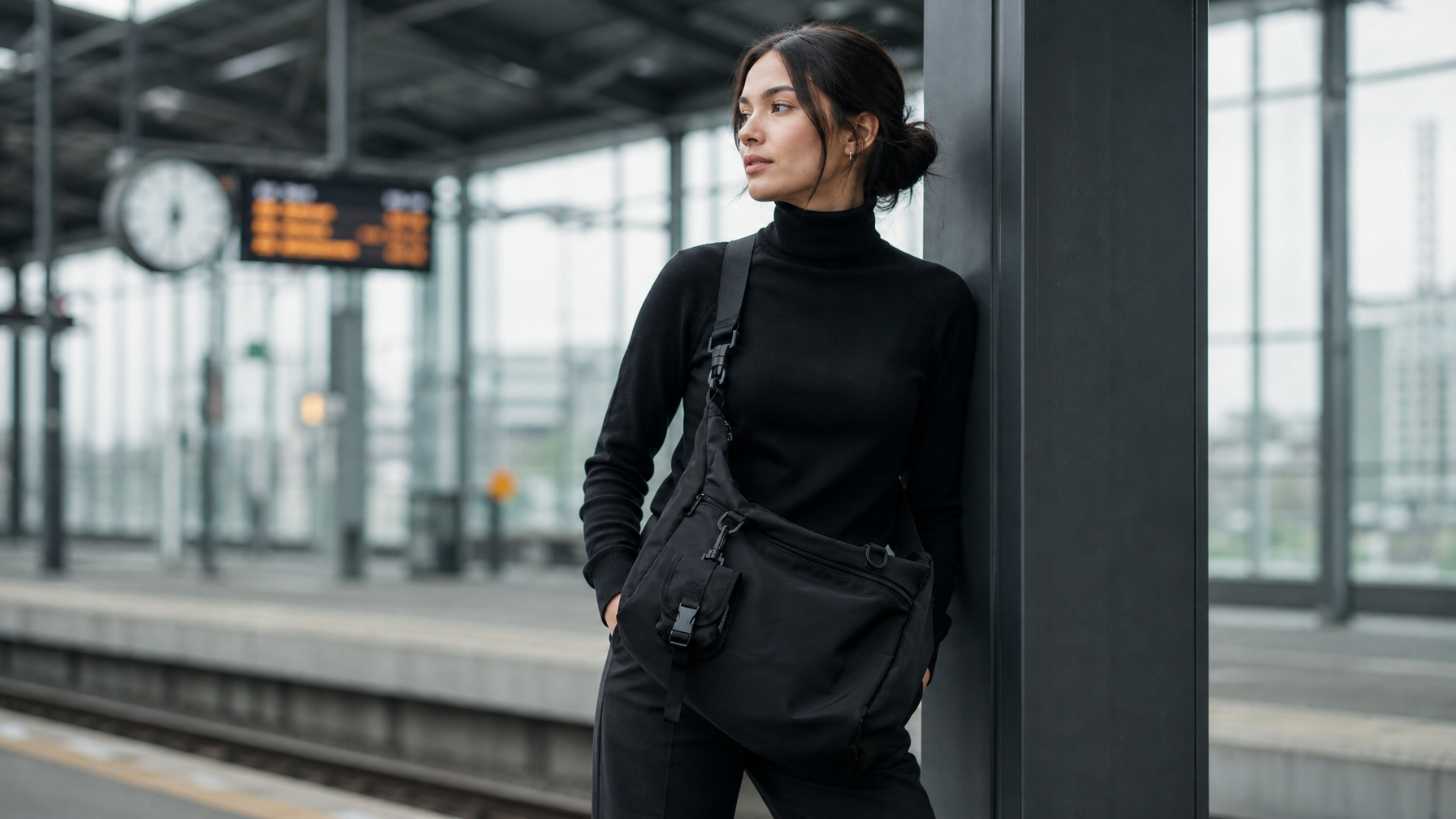 Woman in late 20s in an unbranded black slim turtleneck standing at a modern train station platform, leaning against a pillar with one hand in pocket, large matte black structured crossbody messenger bag at her hip, platform clock blurred in background, overcast daylight through large windows