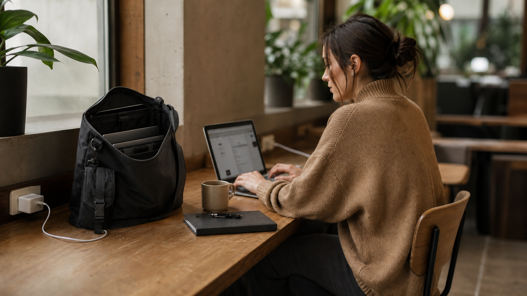 Woman in early 30s in an unbranded camel oversized knit sitting at a minimal wooden desk in a co-working space, slim laptop open in front of her, large matte black crossbody messenger bag unzipped and upright on the desk beside her showing the padded laptop sleeve and organiser pockets, warm natural window light