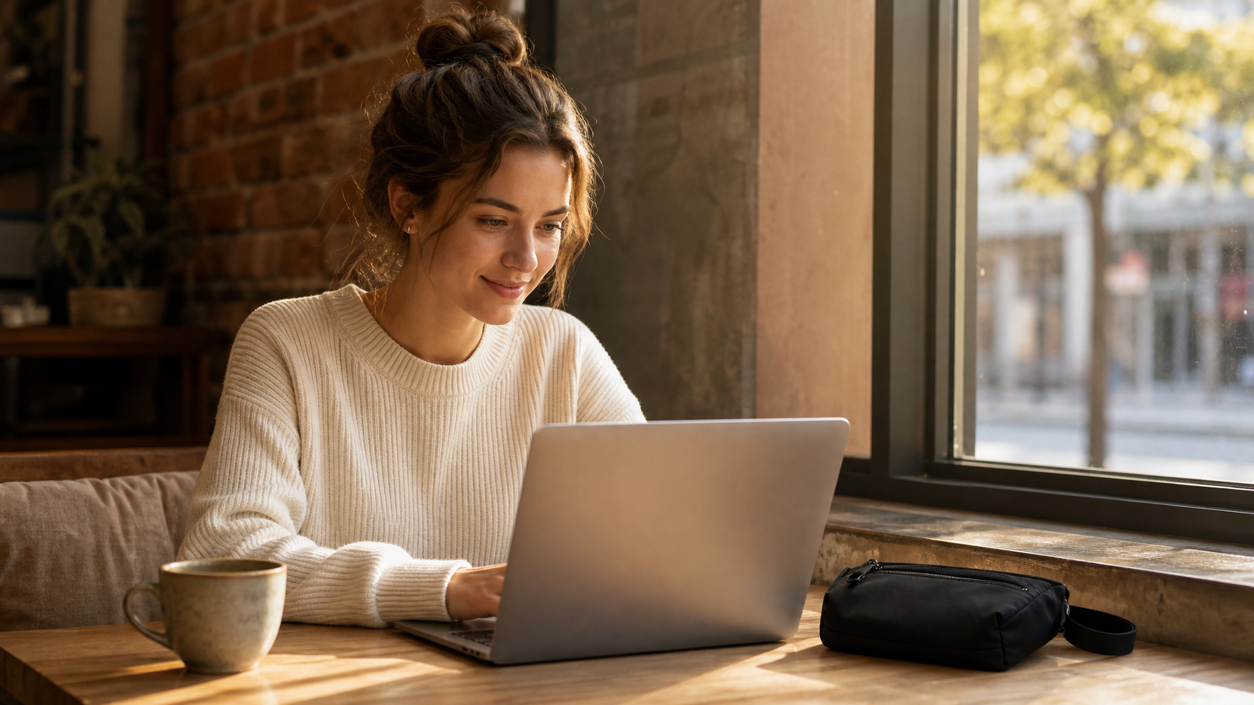 Woman in early 30s at a sunlit café window, open laptop, small black sling bag on the table — focused, unhurried, no visible brand logos