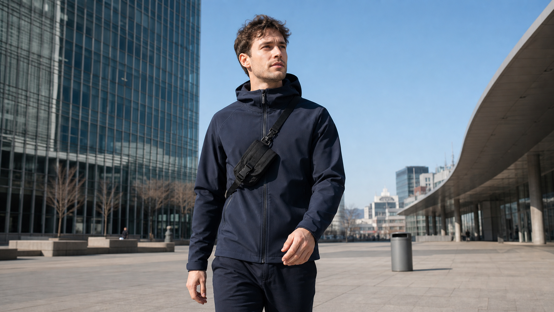 Man in late 20s in a dark unbranded technical jacket walking through an open city plaza with a small black sling bag worn across his chest — relaxed, hands free, midday light