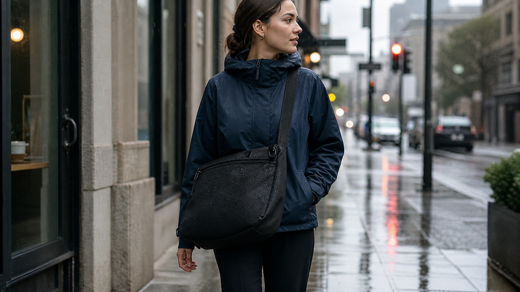 Woman in late 20s in an unbranded navy waterproof jacket walking through a light city drizzle, large matte black crossbody messenger bag at hip level with water droplets visible on the bag surface, reflections in wet pavement, overcast morning light