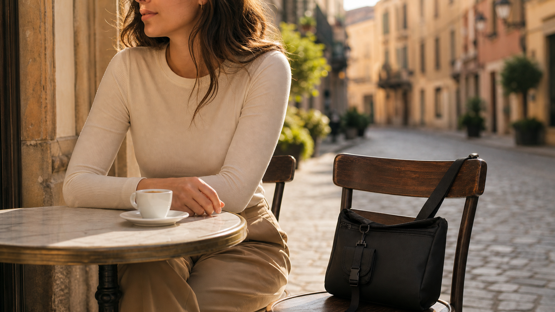Woman in late 20s seated at an outdoor café table on a cobblestone street, compact matte black crossbody bag resting on the empty chair beside her, small espresso on the table, relaxed afternoon light