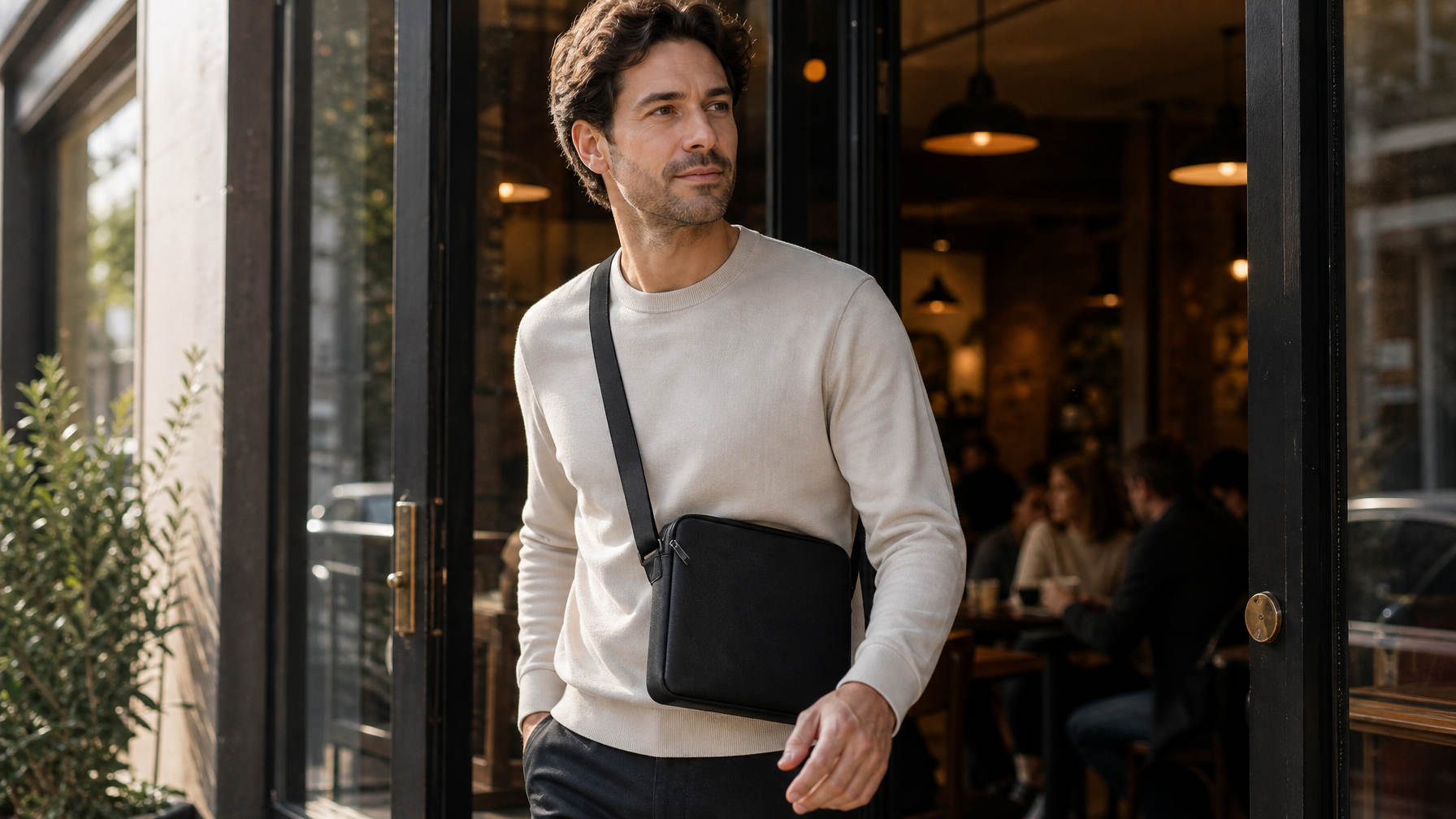 Man stepping out of a coffee shop after a morning work session, slim dark crossbody bag settled over his shoulder, warm café interior visible behind him through the glass