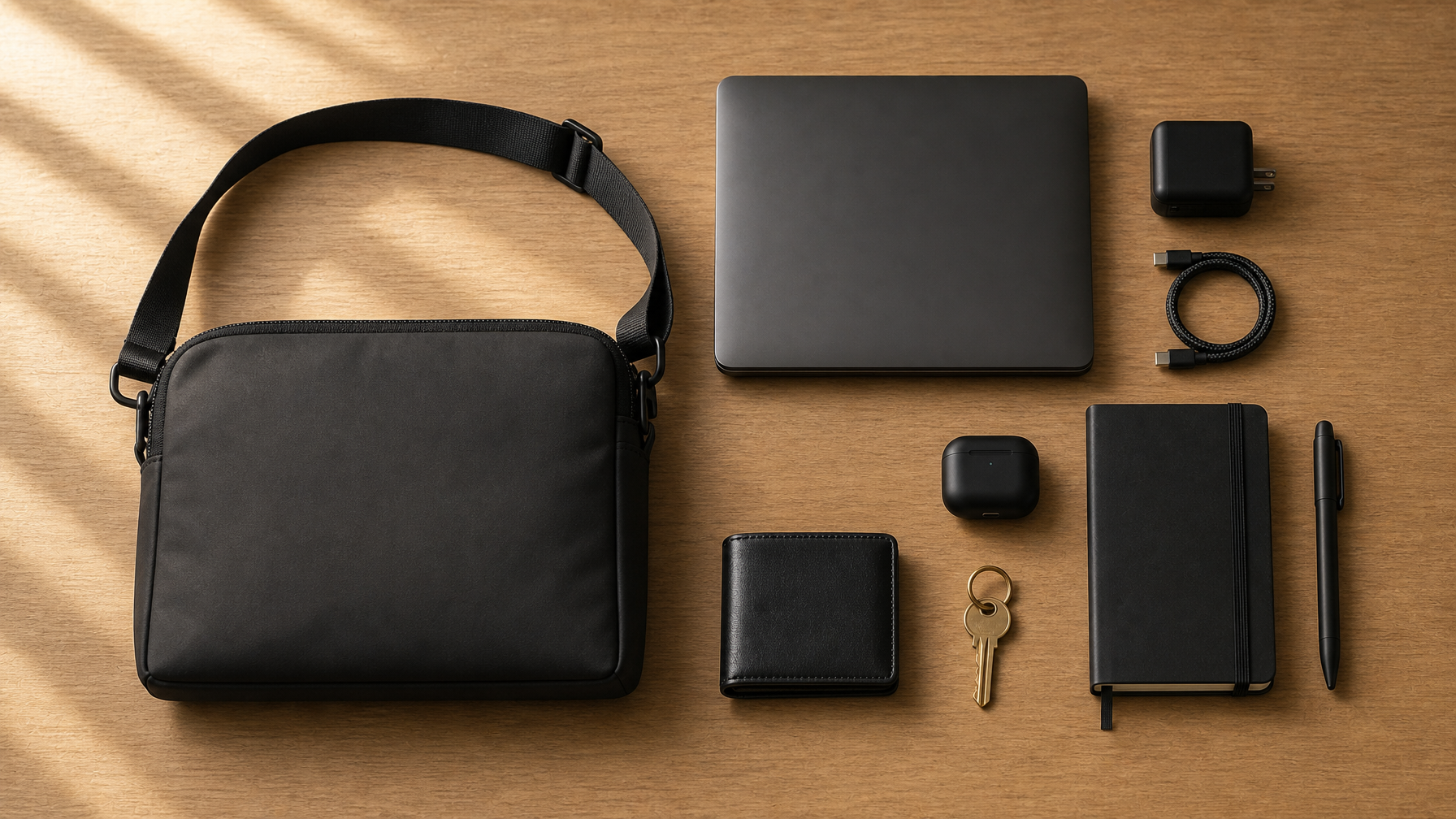 Overhead flat lay on warm oak surface: complete daily laptop commute setup — closed 14-inch laptop, compact GaN charger, braided USB-C cable, matte black earbuds case, black notebook, pen, slim wallet, keys, and a large matte black top-zip crossbody messenger bag, all precisely arranged with morning window light