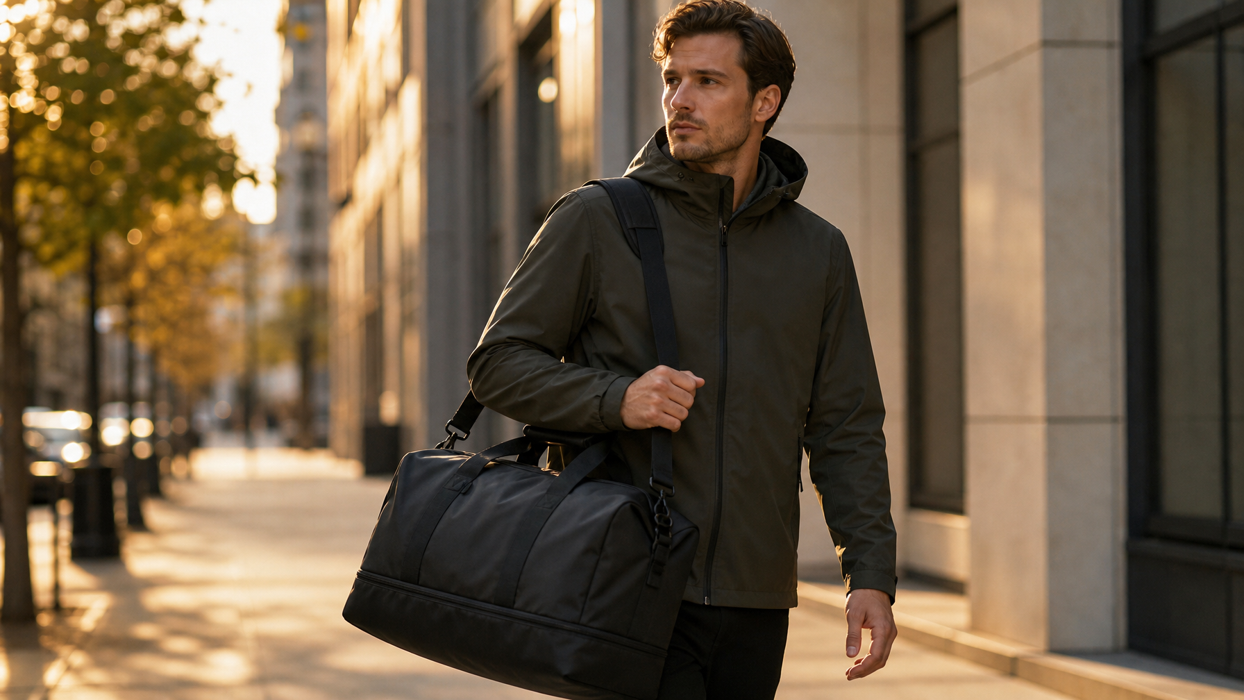 Man in dark olive jacket carrying a large matte black backpack over one shoulder walking through a city at golden hour — weekend travel bag