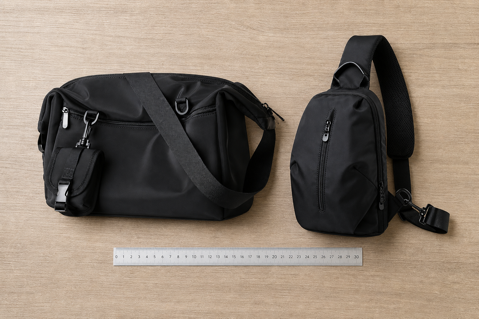 Overhead comparison flat lay of two small black bags of different sizes on a wood table