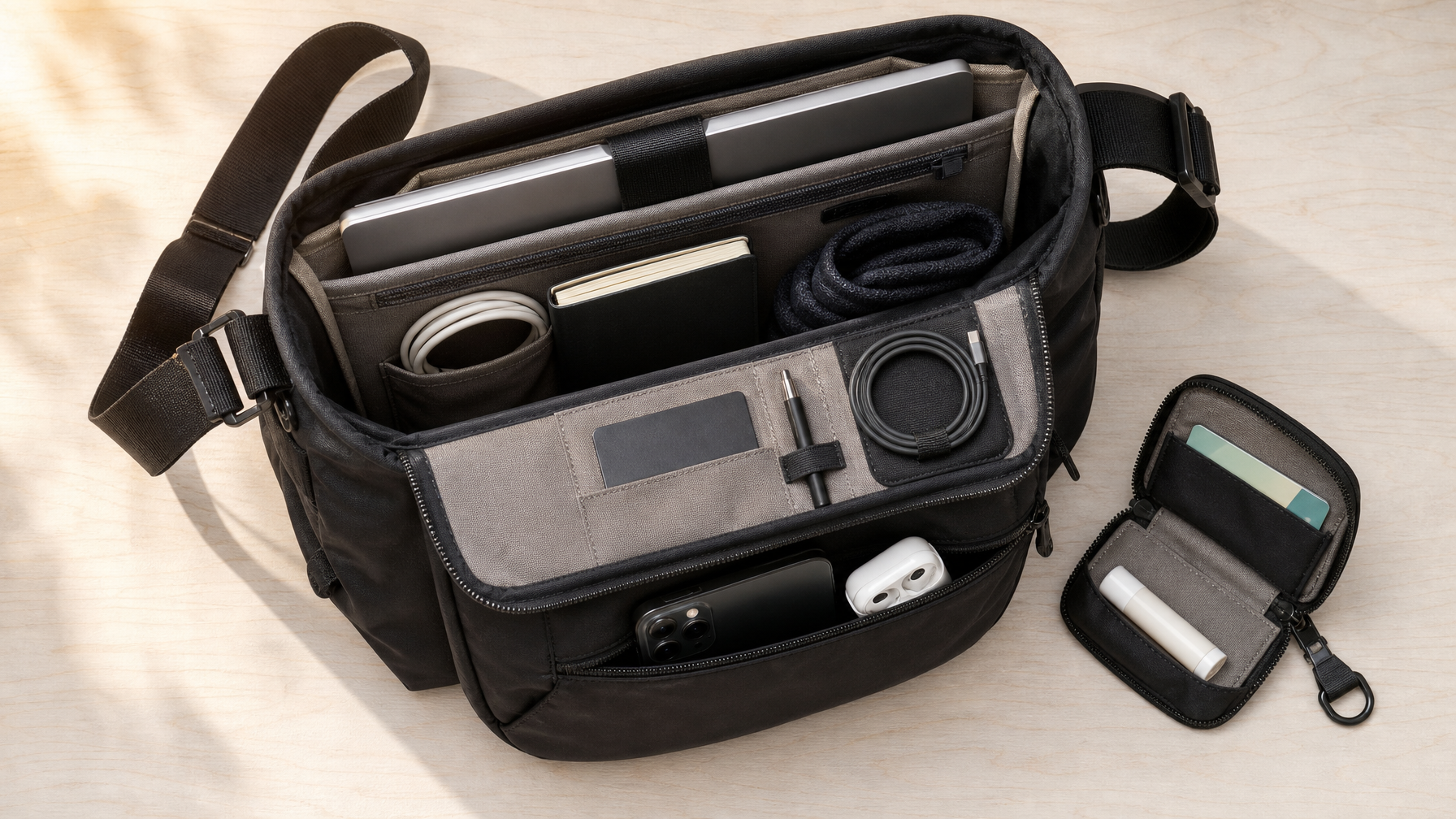 Overhead flat lay on white birch wood desk: matte black crossbody messenger bag fully opened — padded laptop sleeve with slim silver laptop inside, main compartment with notebook and cable, organiser panel with pen loop and card slot, front exterior zip pocket open showing phone and earbuds, small detachable black accessory pouch open beside the bag with transit card and lip balm. All unbranded. Warm window light from top-left.