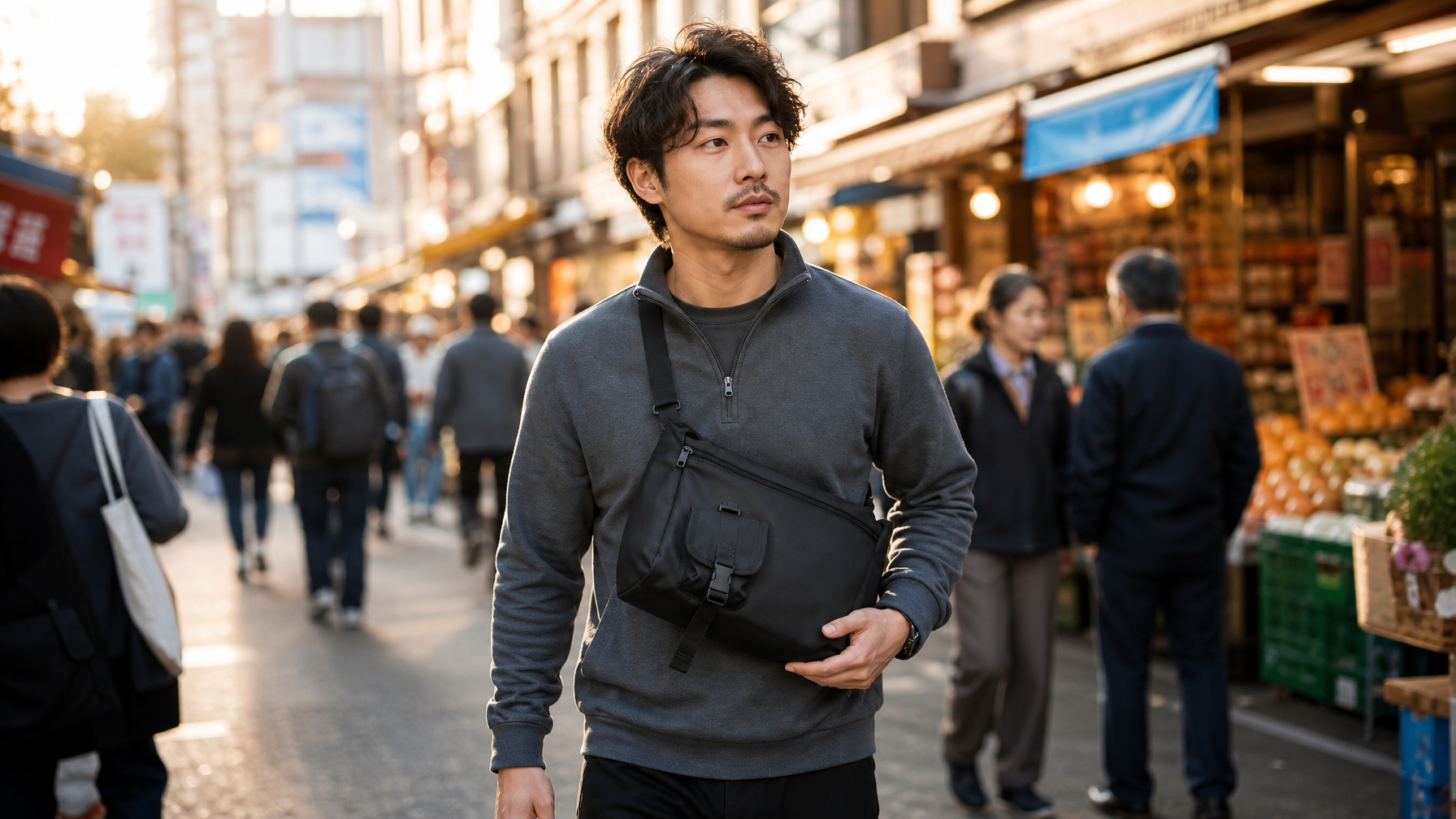 Man in slate grey technical jacket moving through a busy outdoor city market, compact matte black crossbody bag rotated to the front of his body, mid-stride in afternoon light