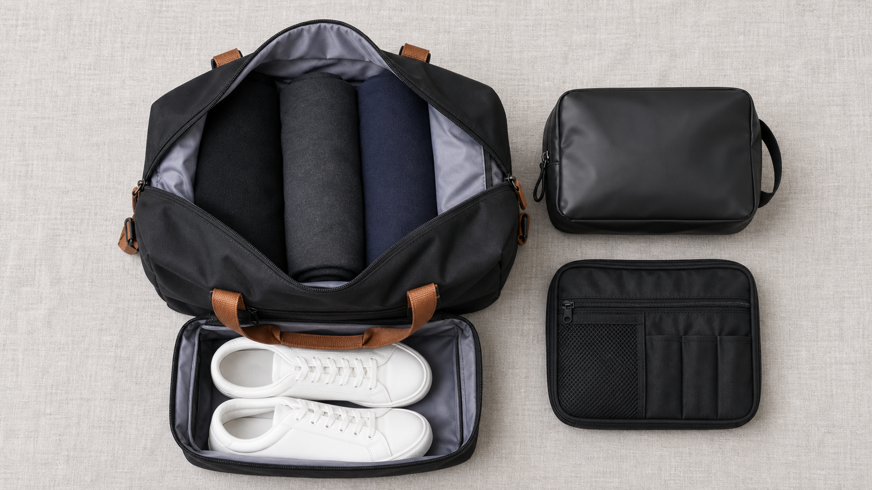 Organized flat lay of a matte black travel backpack open with rolled clothes, packing cubes, and travel essentials for a weekend trip