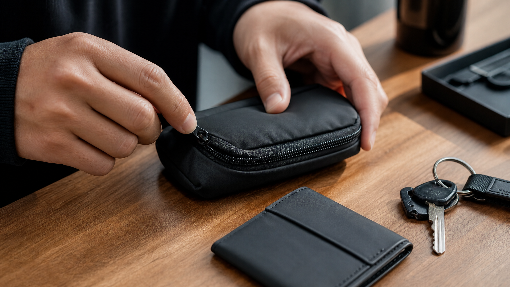 Hands zipping closed a small black accessory pouch next to a wallet and keys on a desk