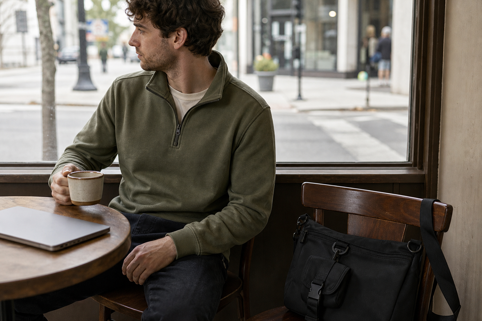 Man seated at a café table with a laptop closed beside him and a compact black crossbody messenger bag resting on the chair