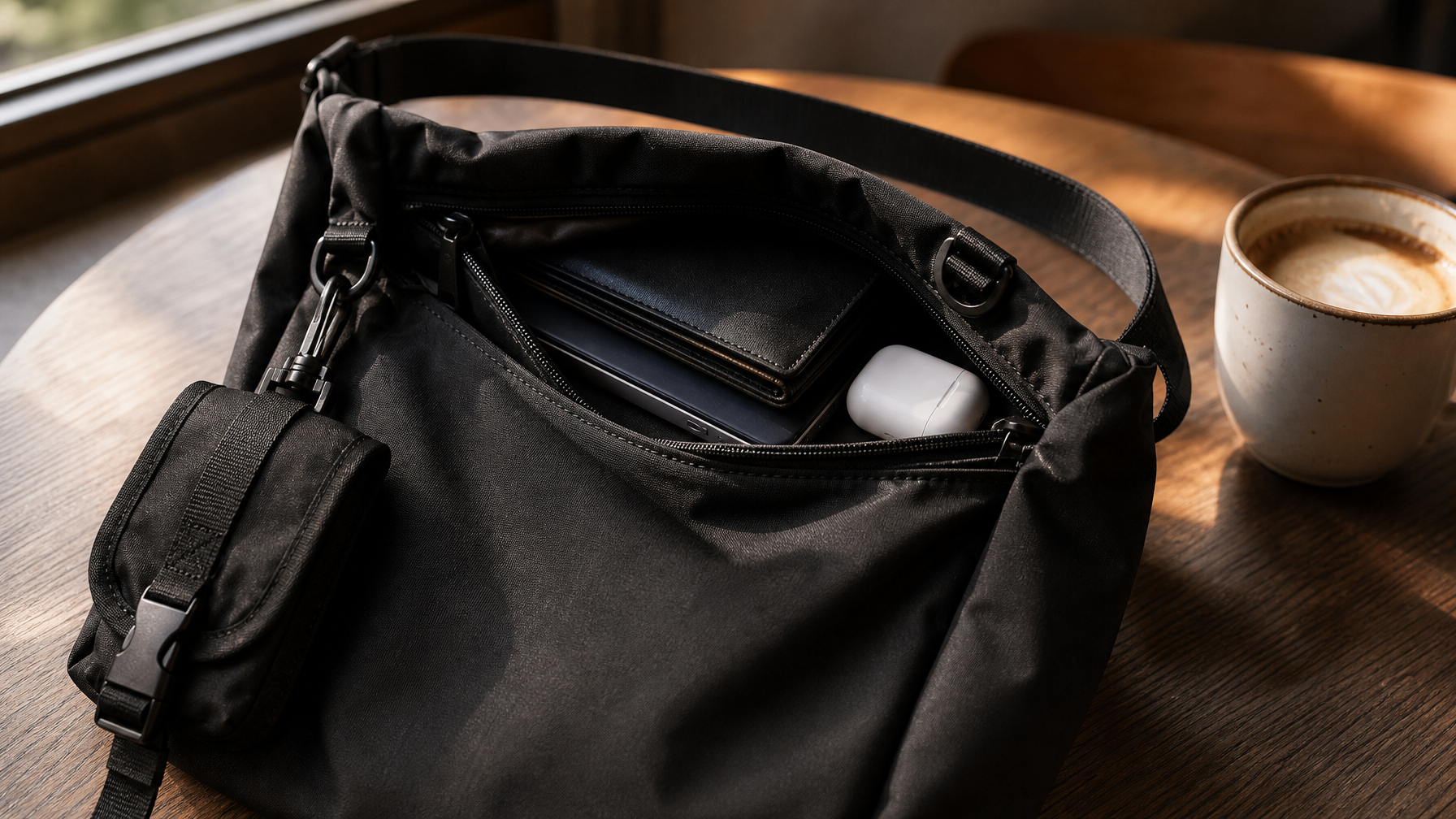 Open small black sling bag on a café table showing a minimal interior — slim wallet, phone, and earbuds case neatly settled inside, nothing extra