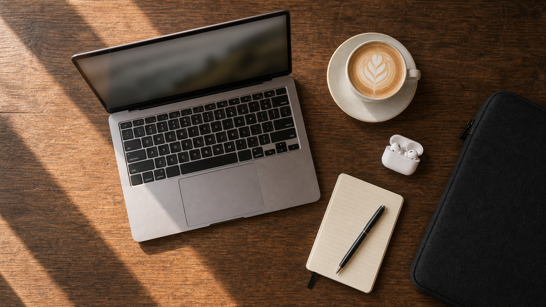 Overhead flat lay of a café table with laptop, notebook, pen, coffee, and earbuds — intentional and uncluttered