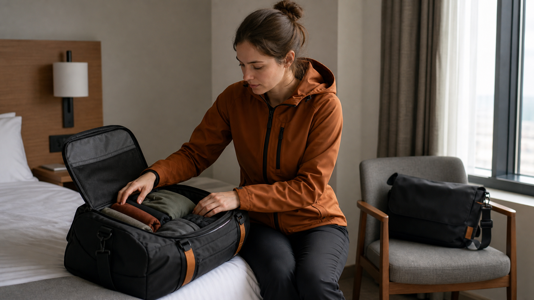 Woman in rust technical jacket in a hotel room with an open matte black backpack showing organized packing and a black messenger bag on the chair
