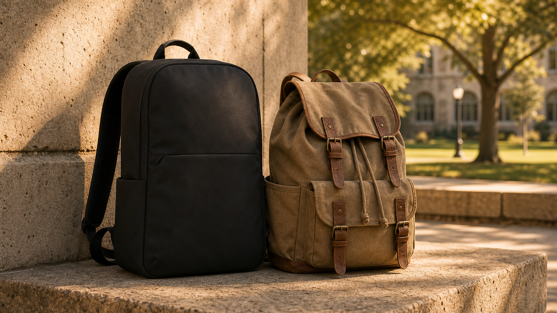 Two backpacks side by side — a minimal modern black backpack and a heritage canvas khaki backpack — representing different school bag aesthetics