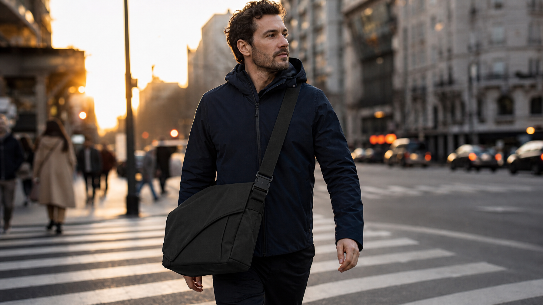 Man walking through a city crosswalk at golden hour with a black crossbody messenger bag worn low across his body