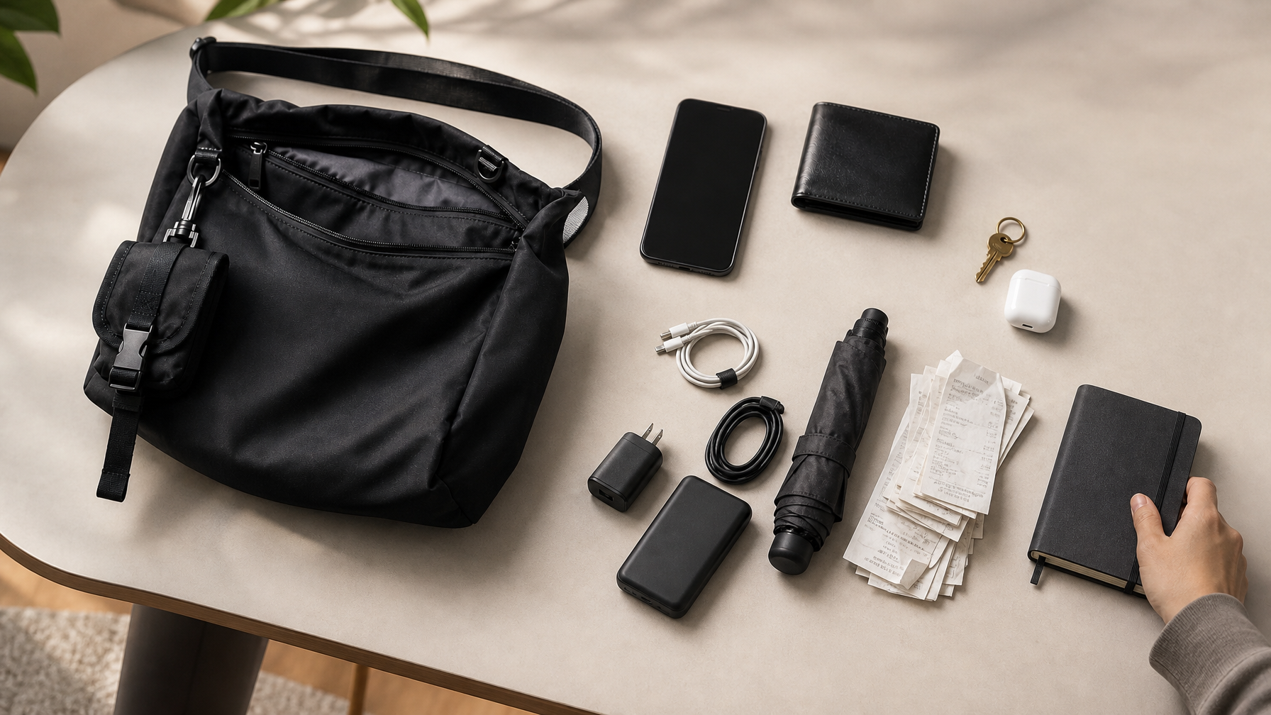 Carry audit in progress on a clean table — everyday essentials sorted separately from rarely-used backup items, showing the gap between what we carry and what we use