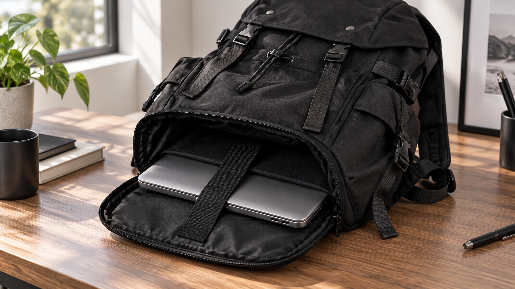 Open organized 26L backpack on a desk with a slim laptop sliding into a dedicated laptop compartment