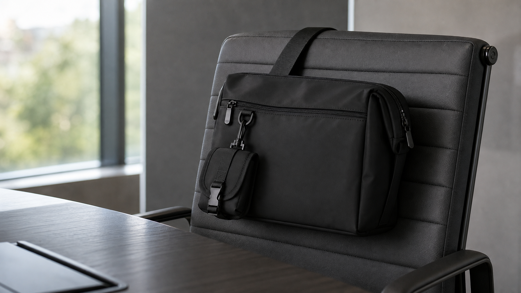 Compact dark structured messenger bag resting on the back of a conference room chair, matte black hardware, clean flat profile