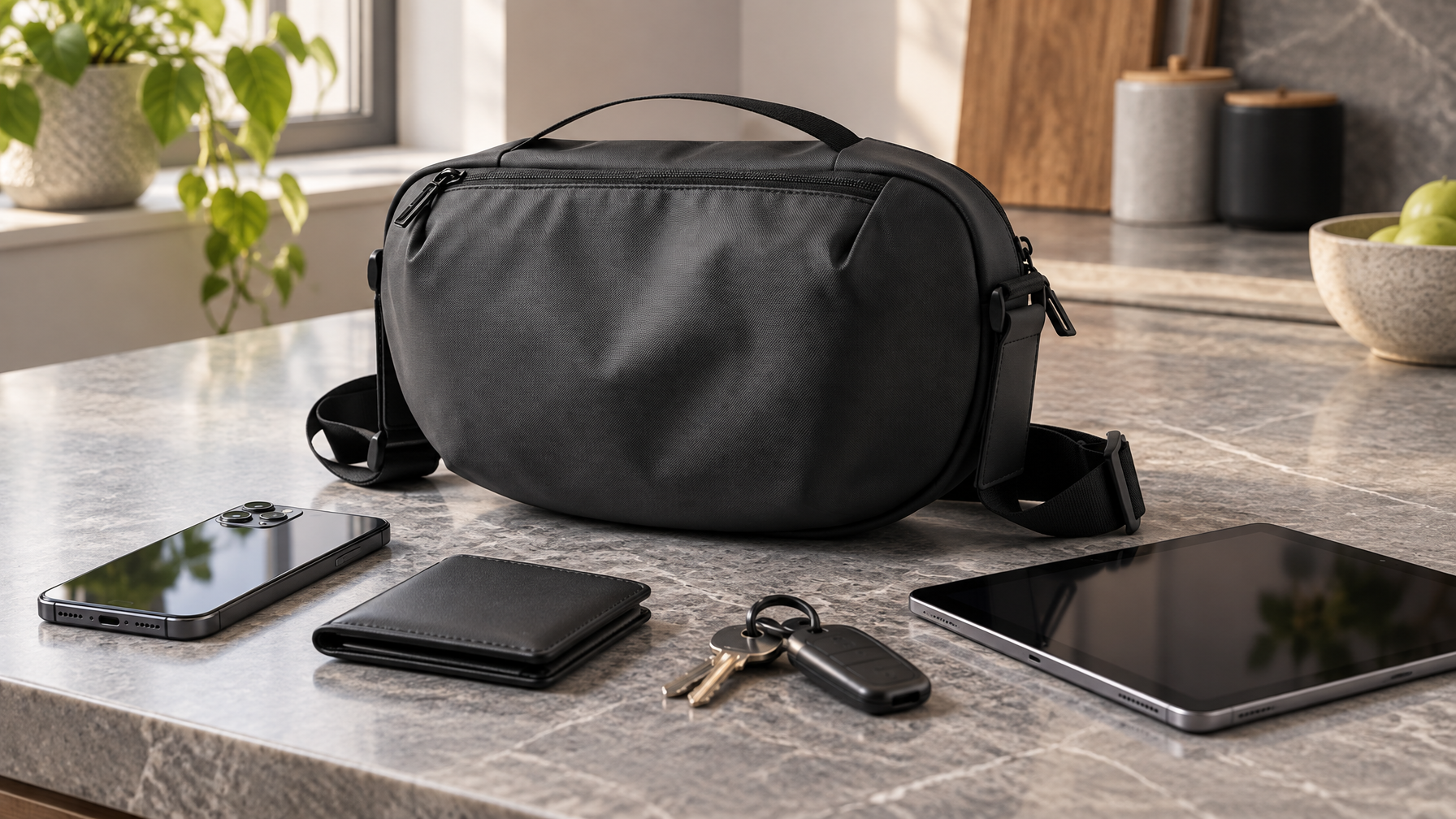 Black travel crossbody still life with phone, wallet, keys, and a small tablet, no laptop in the frame