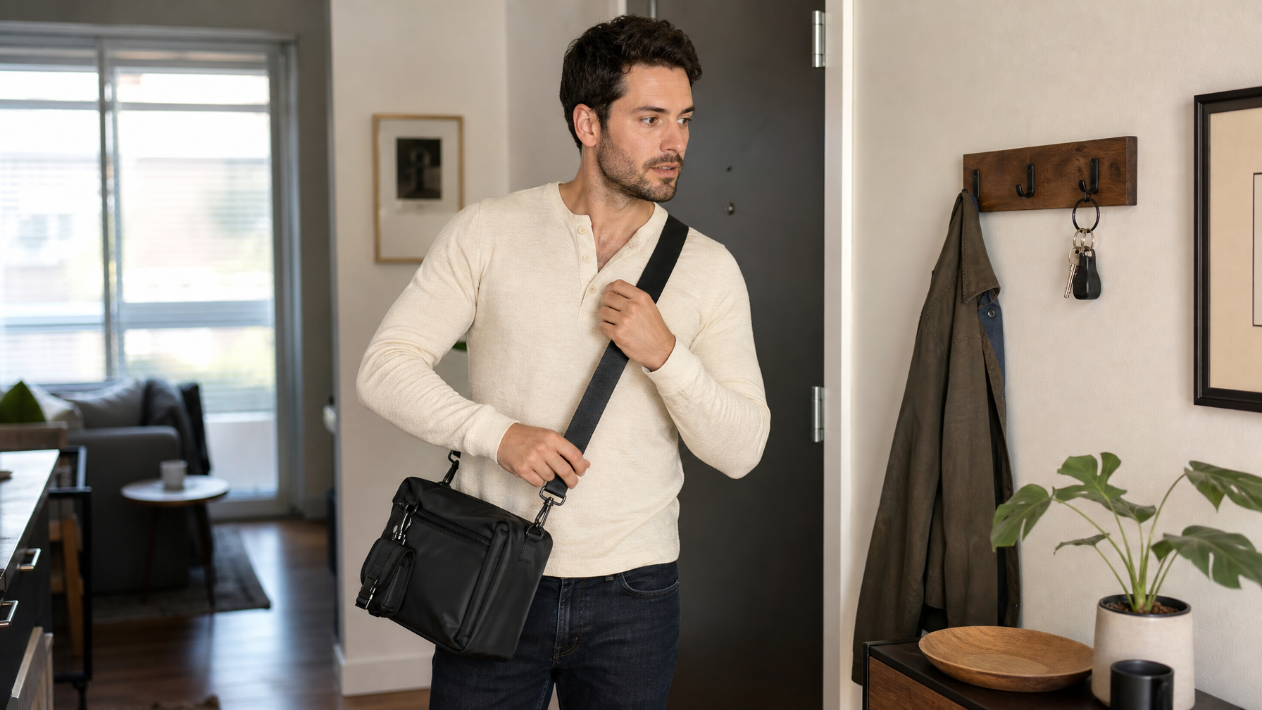 Man in his late 20s at apartment entryway, mid-motion slinging a dark structured crossbody messenger bag over his shoulder in morning light
