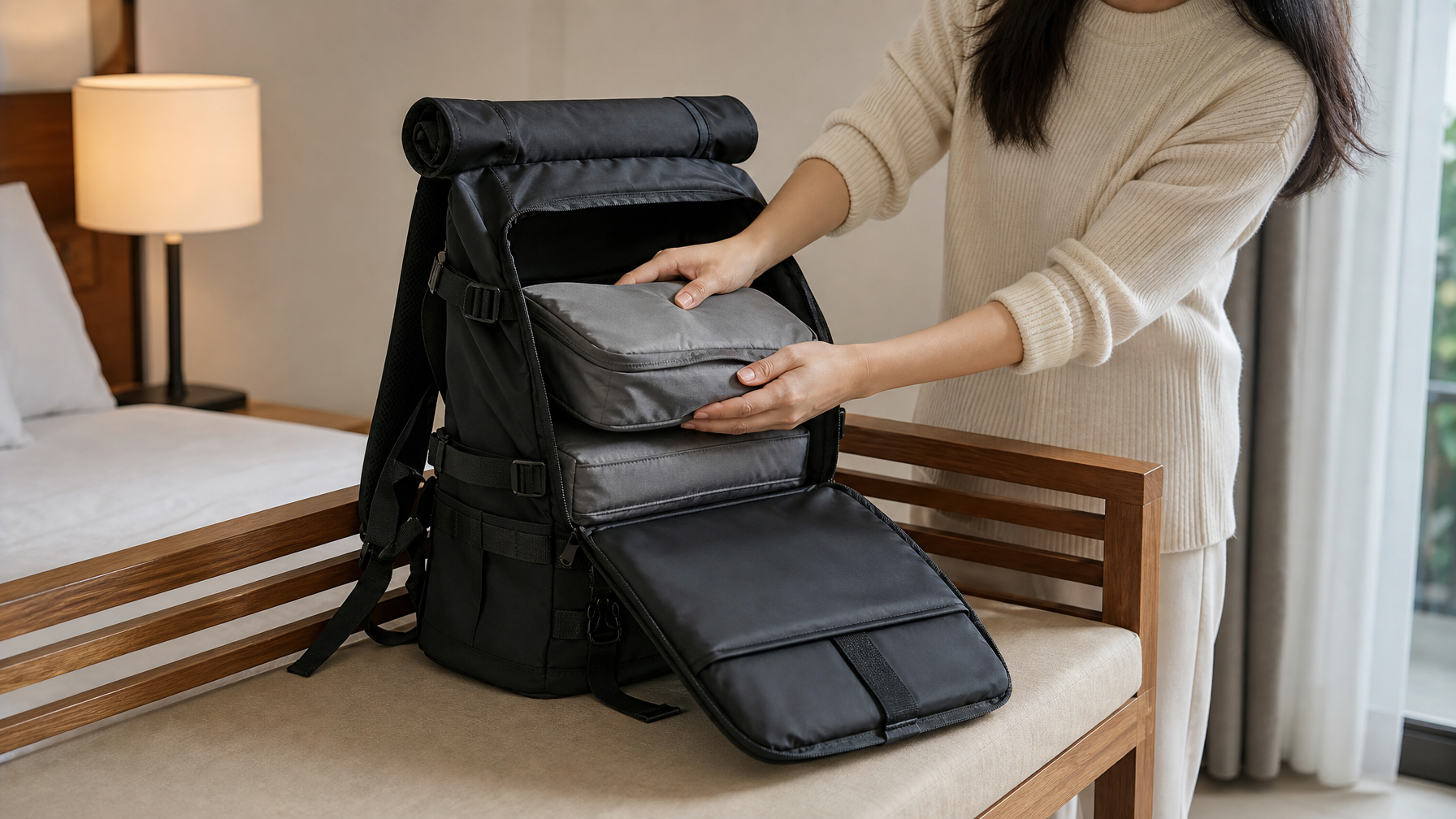 Open black expandable backpack on a hotel bench with two packed fabric cubes stacked in the main compartment