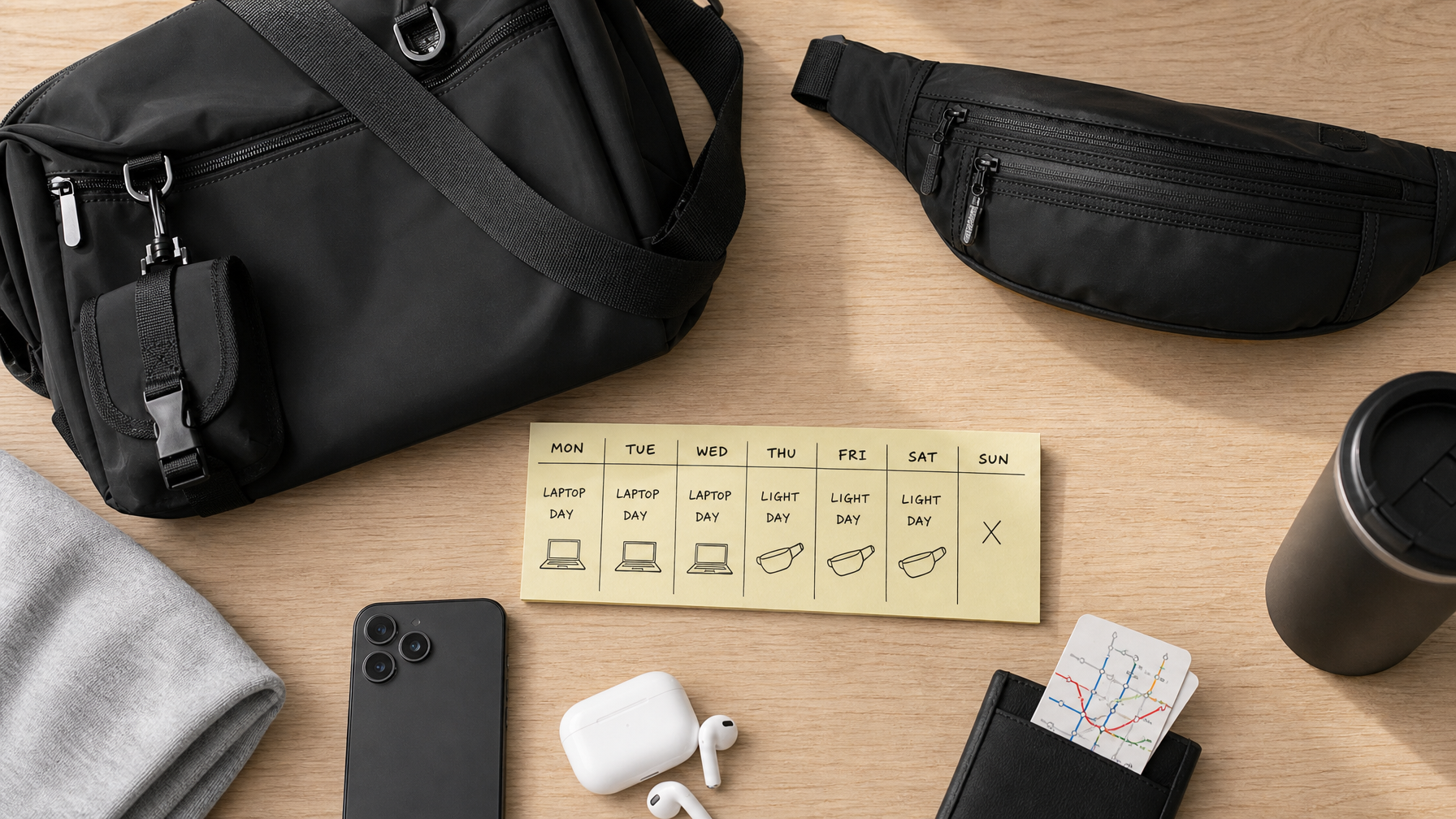 Desk still life with weekly planner note, phone, earbuds, transit pass, and two bag options nearby
