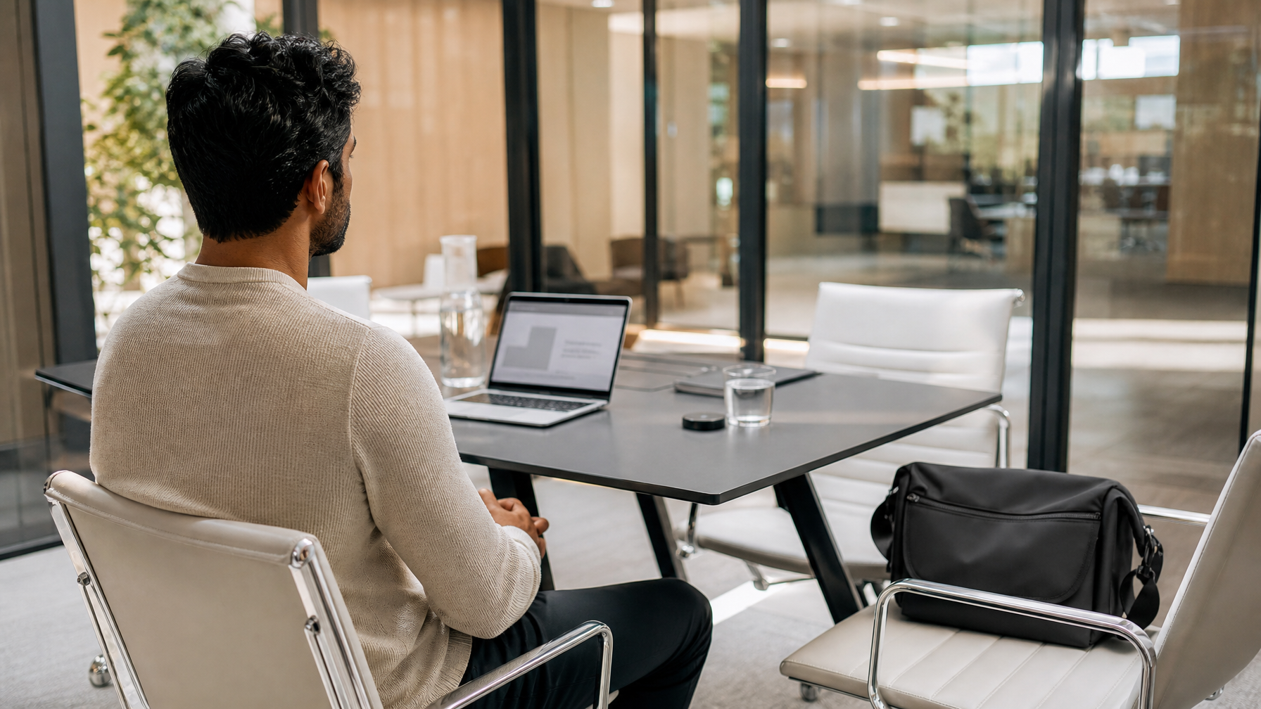 Over-the-shoulder view in a glass meeting room with a laptop open and a matte black messenger bag closed on the chair beside the presenter