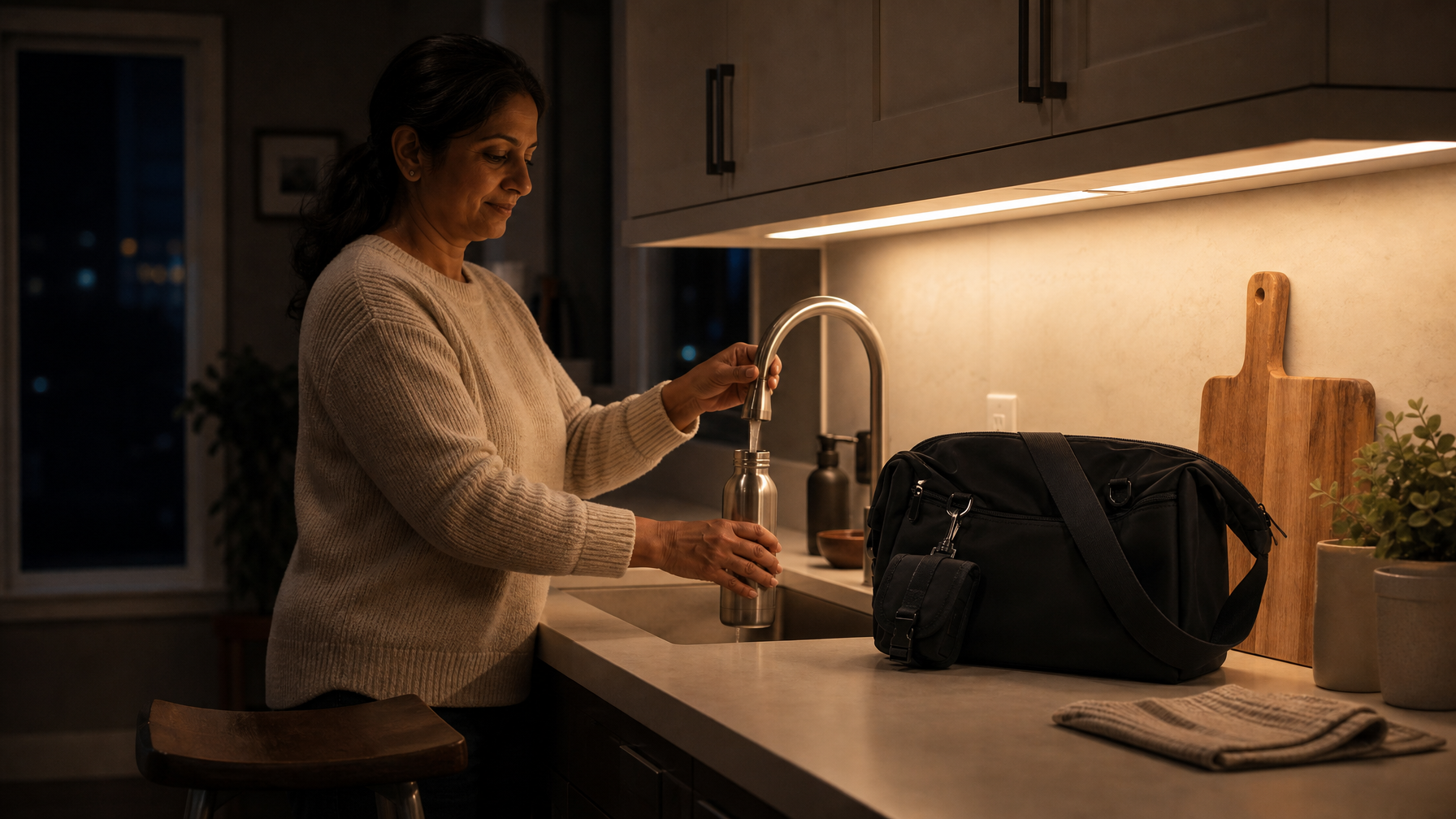 Evening kitchen counter with water bottle and closed black messenger bag staged for the next morning