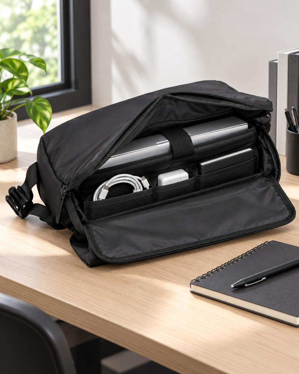 Open black laptop brief with laptop partially in padded sleeve, charger coiled, notebook beside
