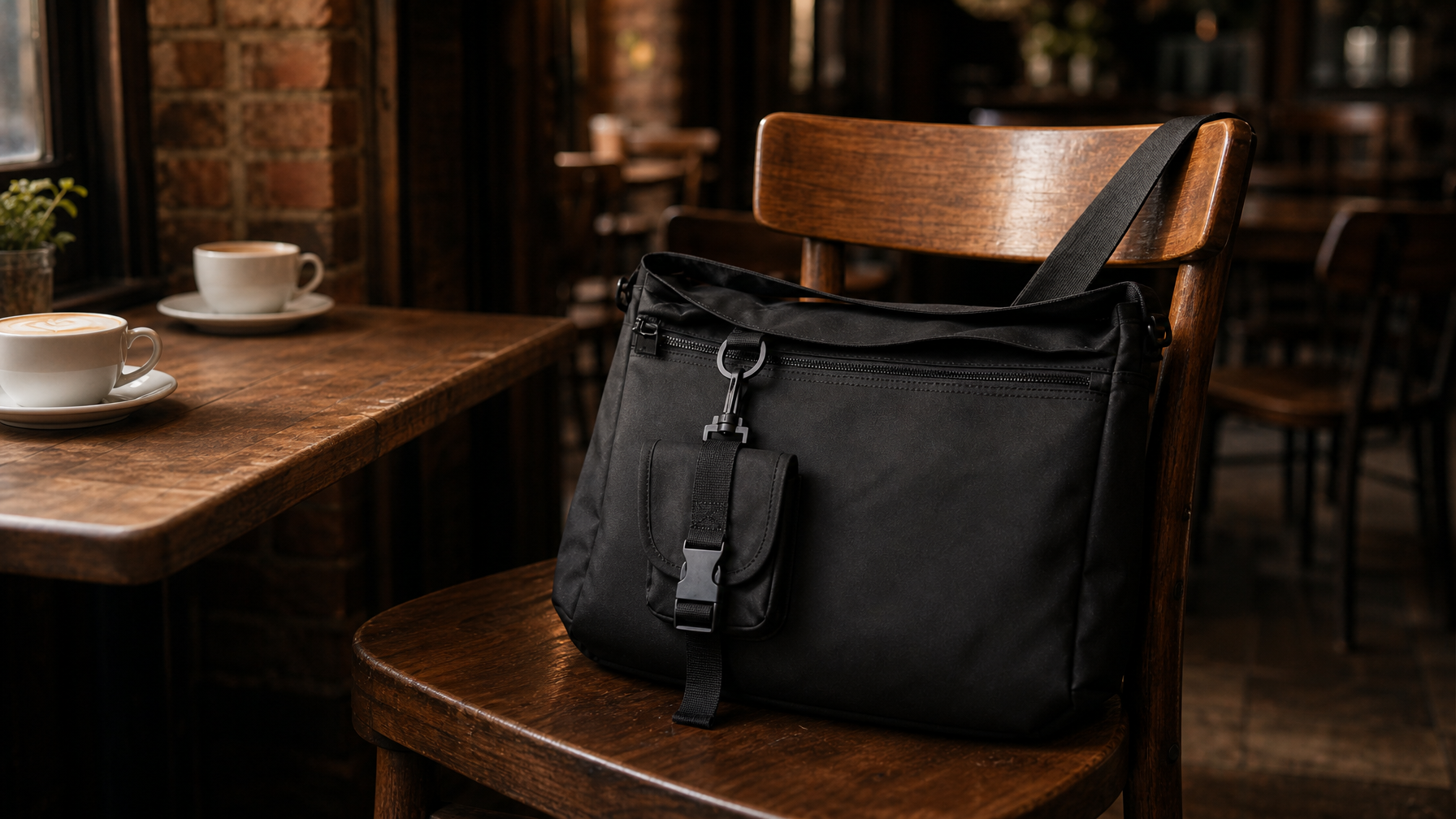 Matte black technical messenger bag resting closed on a wooden café chair, warm café environment blurred behind it — the bag ready, waiting