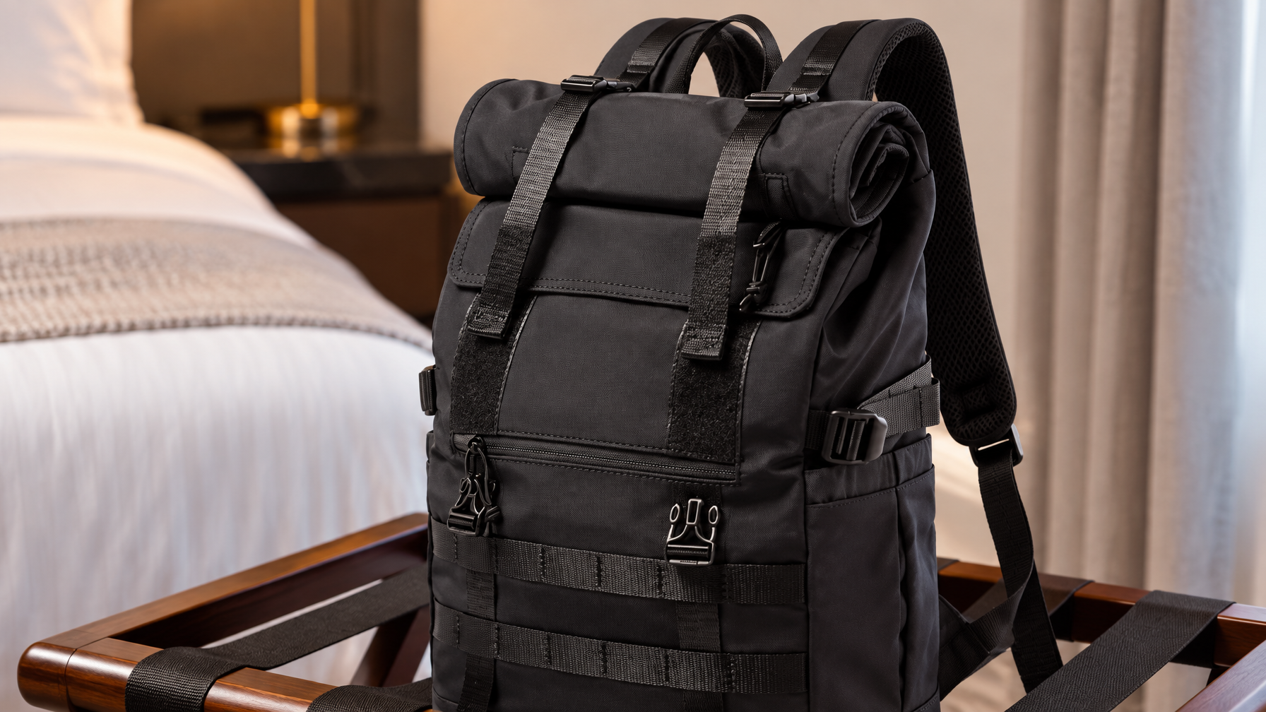 Close detail of black expandable roll-top backpack straps and roll-top closure on a hotel luggage rack