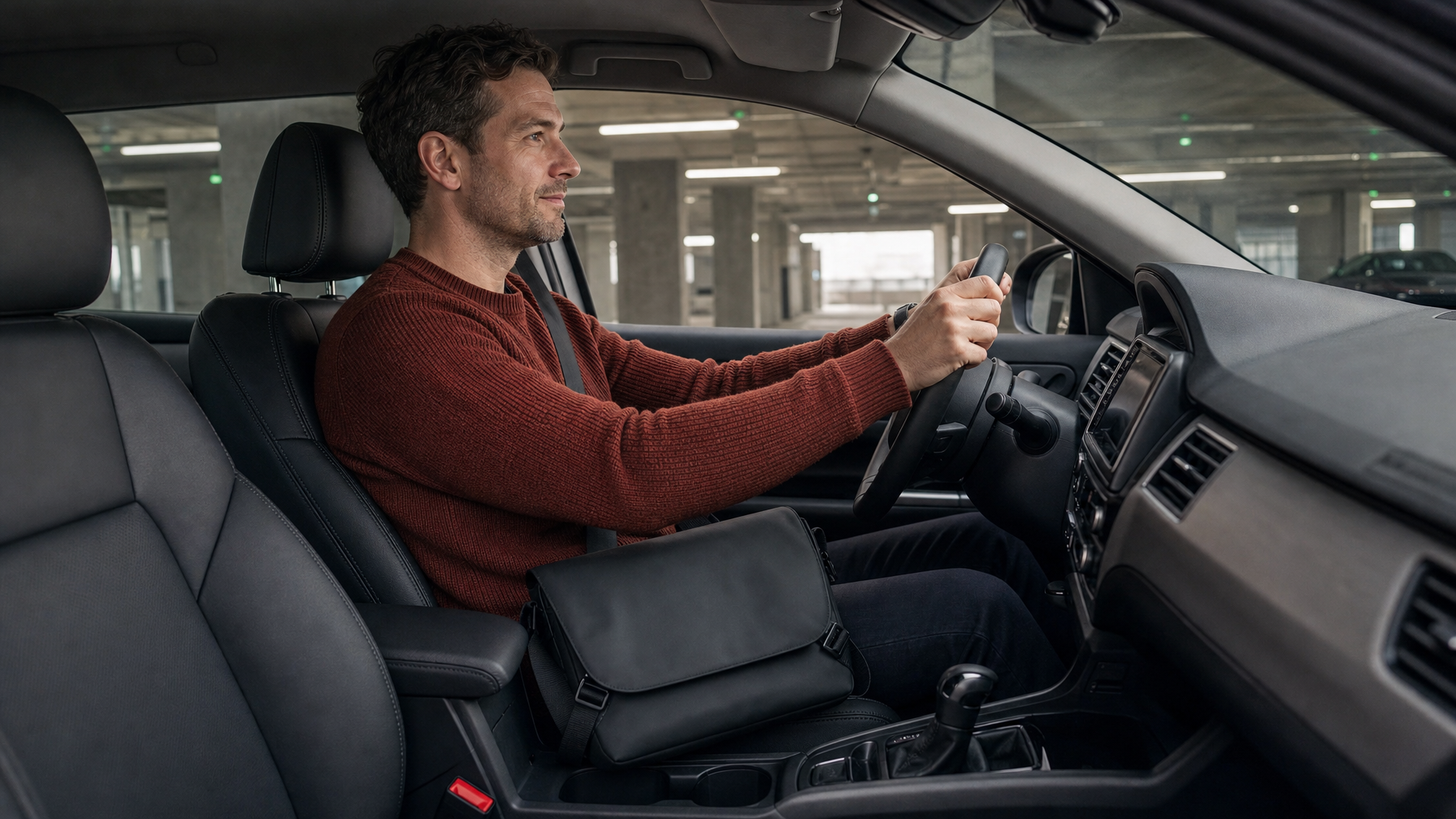 Man sitting in a parked garage car with a closed slim black laptop brief on his lap and hands on the wheel
