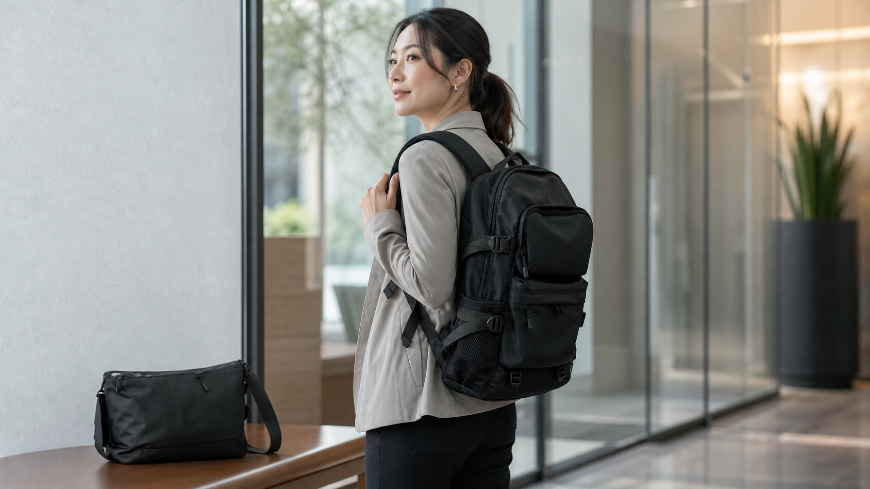 Professional in a bright lobby putting on a slim black backpack with a messenger resting on a bench