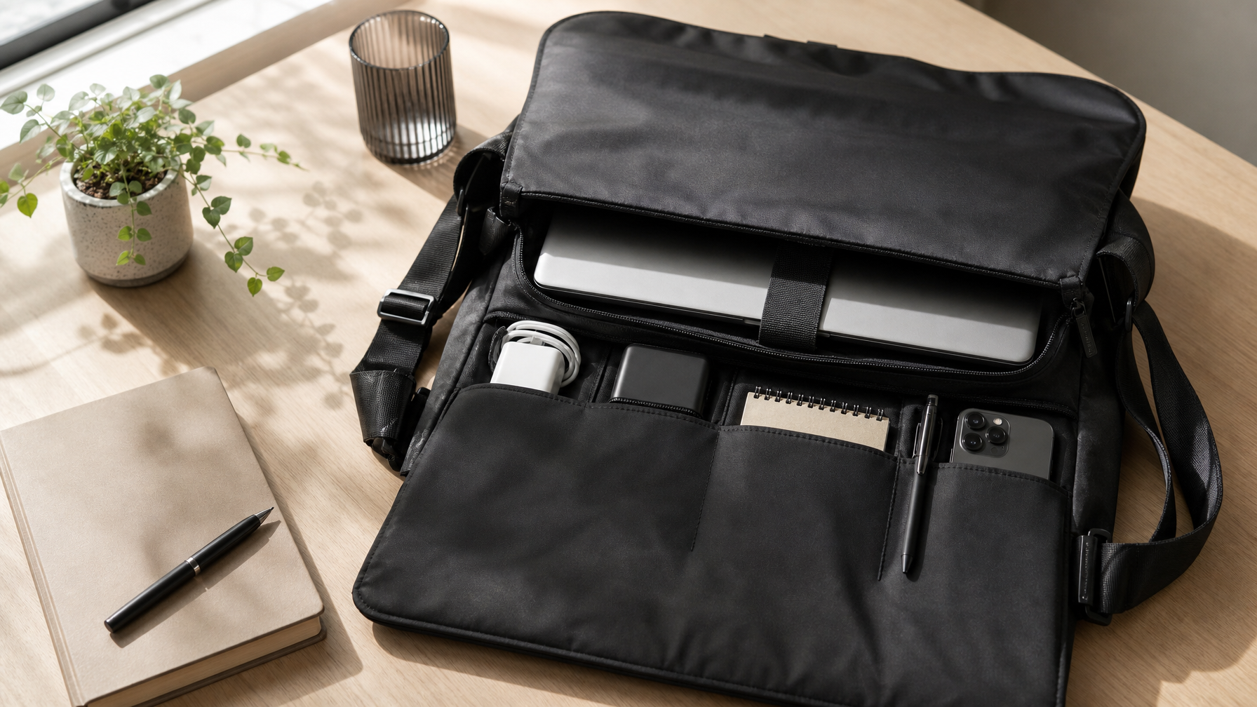 Open slim black laptop brief on a wood desk with notebook, phone, charger, and pen arranged in clear zones
