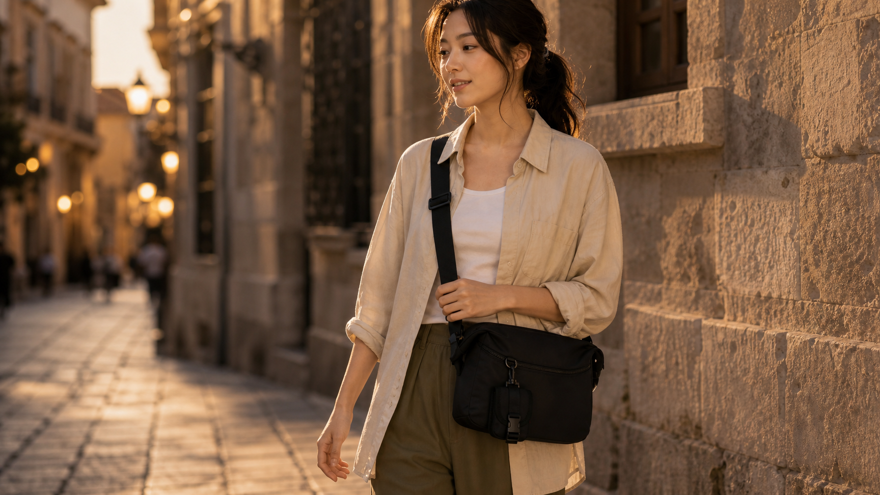 Traveler walking a warm evening city street with only a black messenger day bag after leaving the main pack at lodging