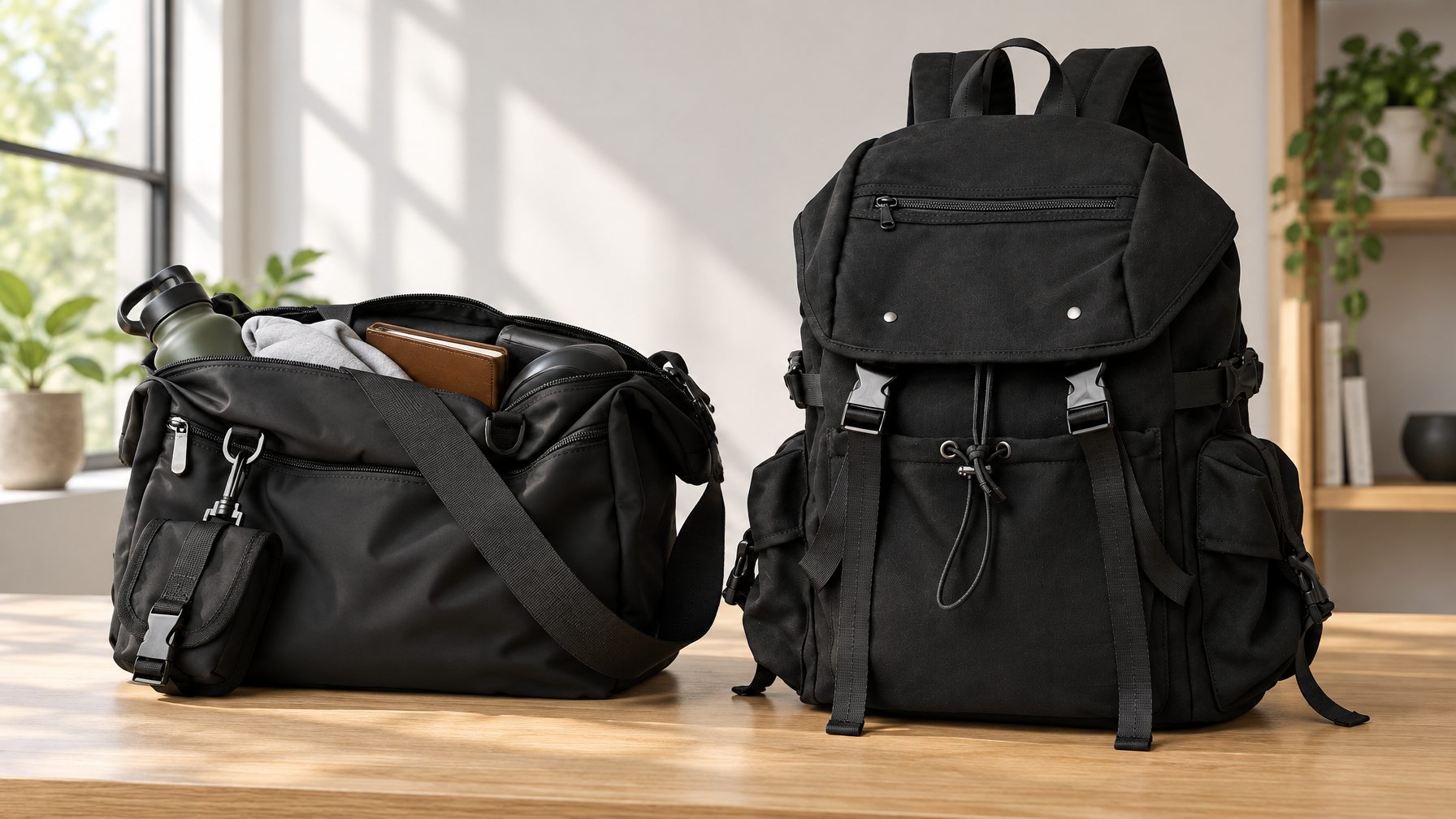 Overstuffed slim messenger beside a flat organized 26L backpack on a light oak table