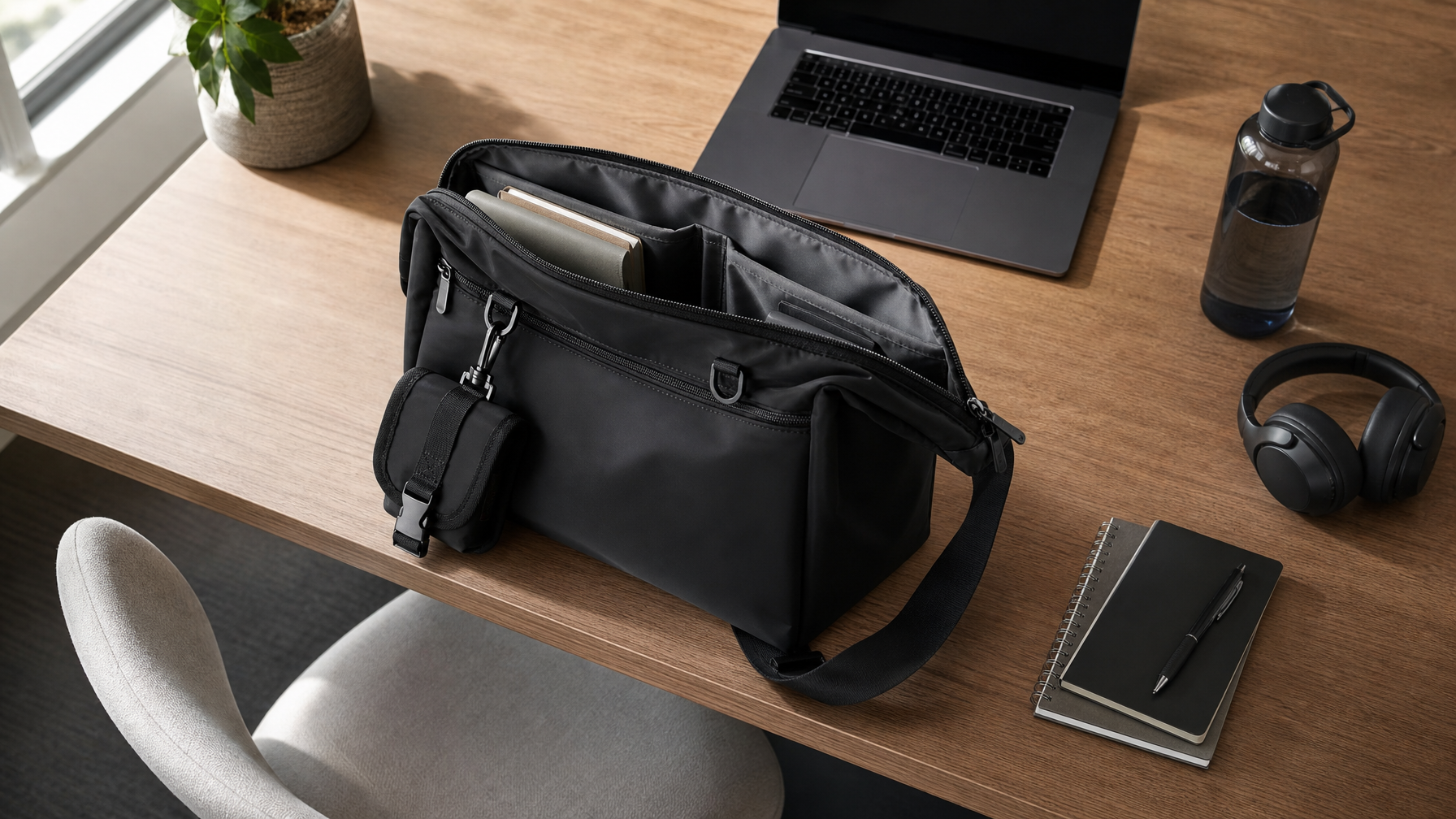 Open black messenger bag on a coworking desk beside laptop notebook water bottle and headphones