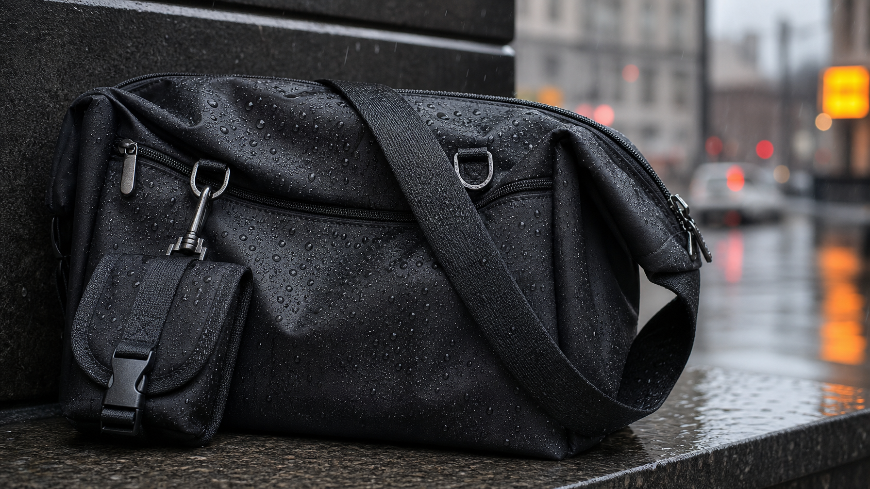 Close detail of water droplets beading off the surface of a matte black nylon messenger bag resting on a wet stone ledge in light rain, city street softly blurred in the background