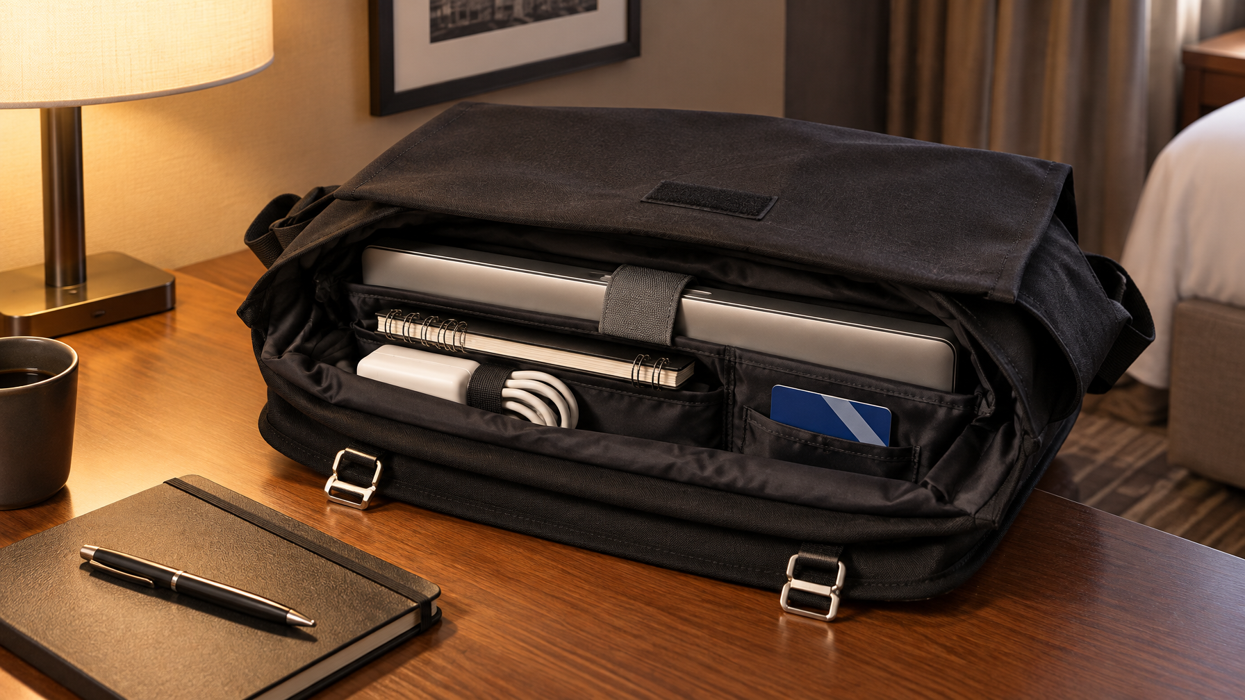 Open black Summit-style messenger on a hotel desk with laptop in padded sleeve, notebook, and charger