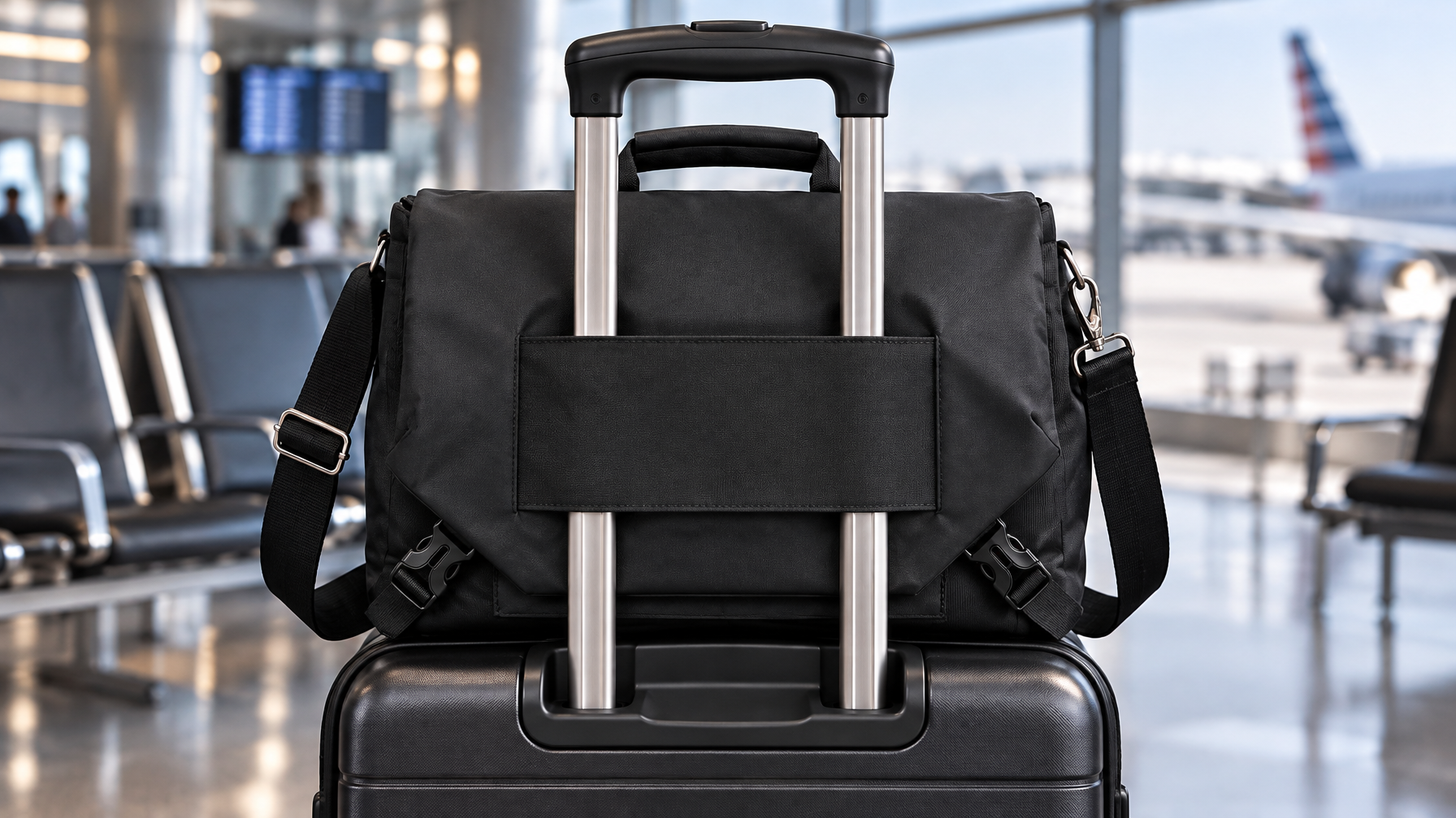 Slim black laptop brief luggage pass-through sliding onto a rolling suitcase handle