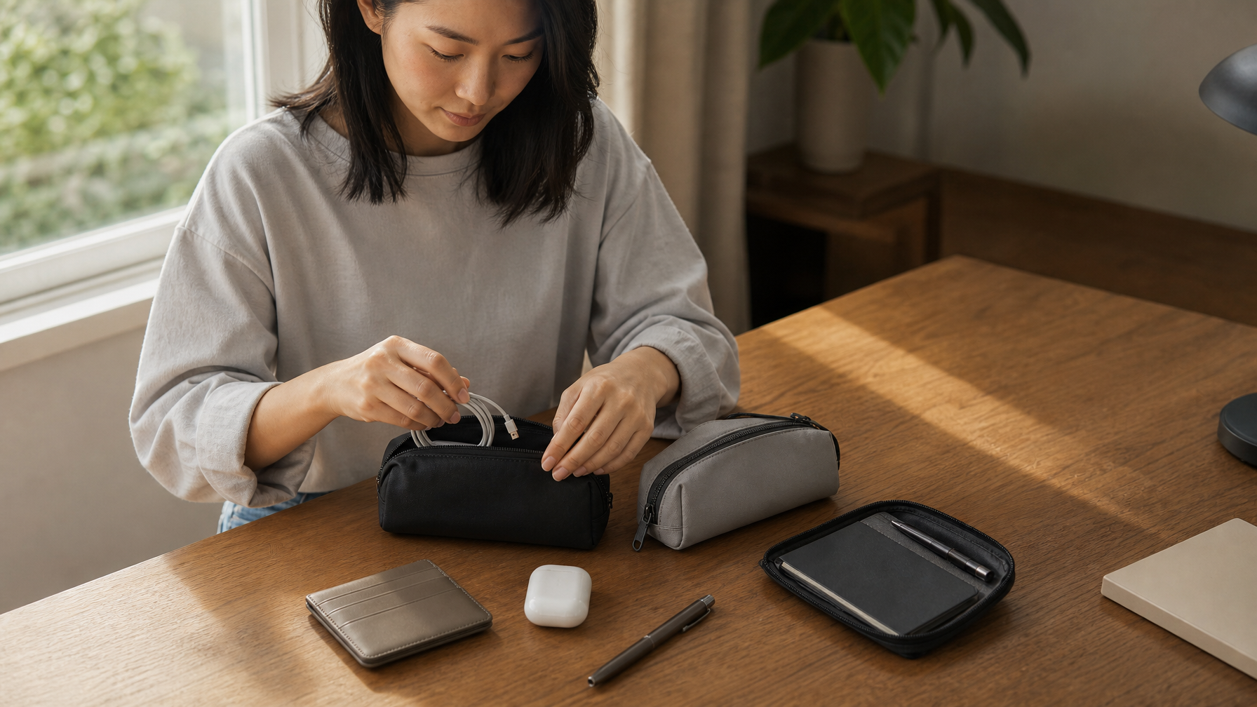 Woman deliberately sorting everyday carry items into small zippered tech pouches at a clean desk — the zoning process in action